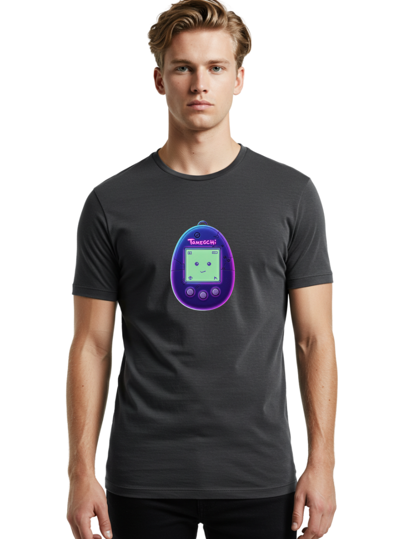 Tamagotchi-4 Men'S Graphic Tee, 100% Cotton, Comfortable Casual Summer Wear, Machine Washable, Retro Digital Pet, Handheld Game, Nostalgic Tech, Purple Egg-Shaped Device, Cute Character, Gaming Nostalgia, 90S Kids, Retro Gaming Culture Bab498
