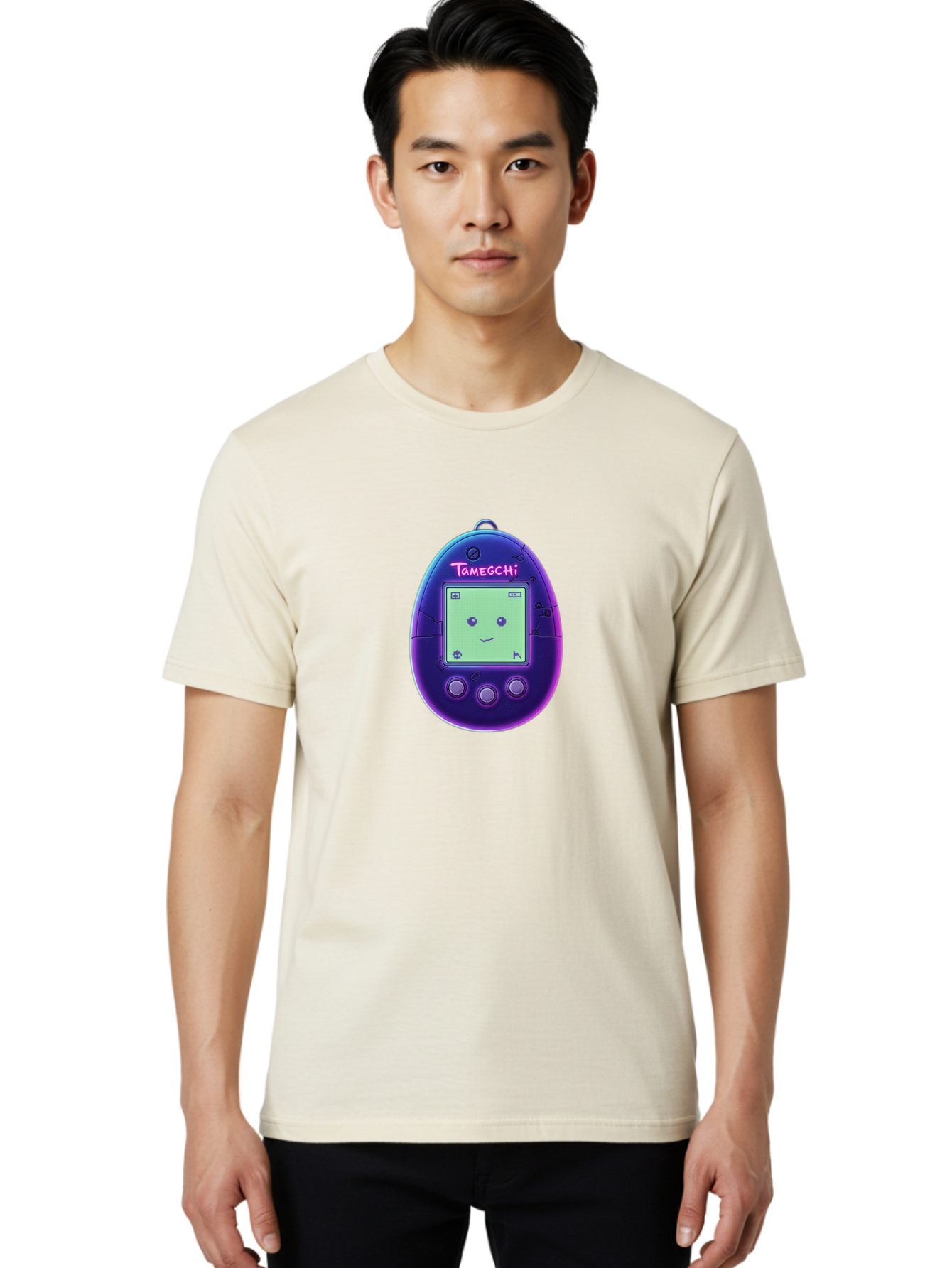 Tamagotchi-4 Men'S Graphic Tee, 100% Cotton, Comfortable Casual Summer Wear, Machine Washable, Retro Digital Pet, Handheld Game, Nostalgic Tech, Purple Egg-Shaped Device, Cute Character, Gaming Nostalgia, 90S Kids, Retro Gaming Culture Bab498