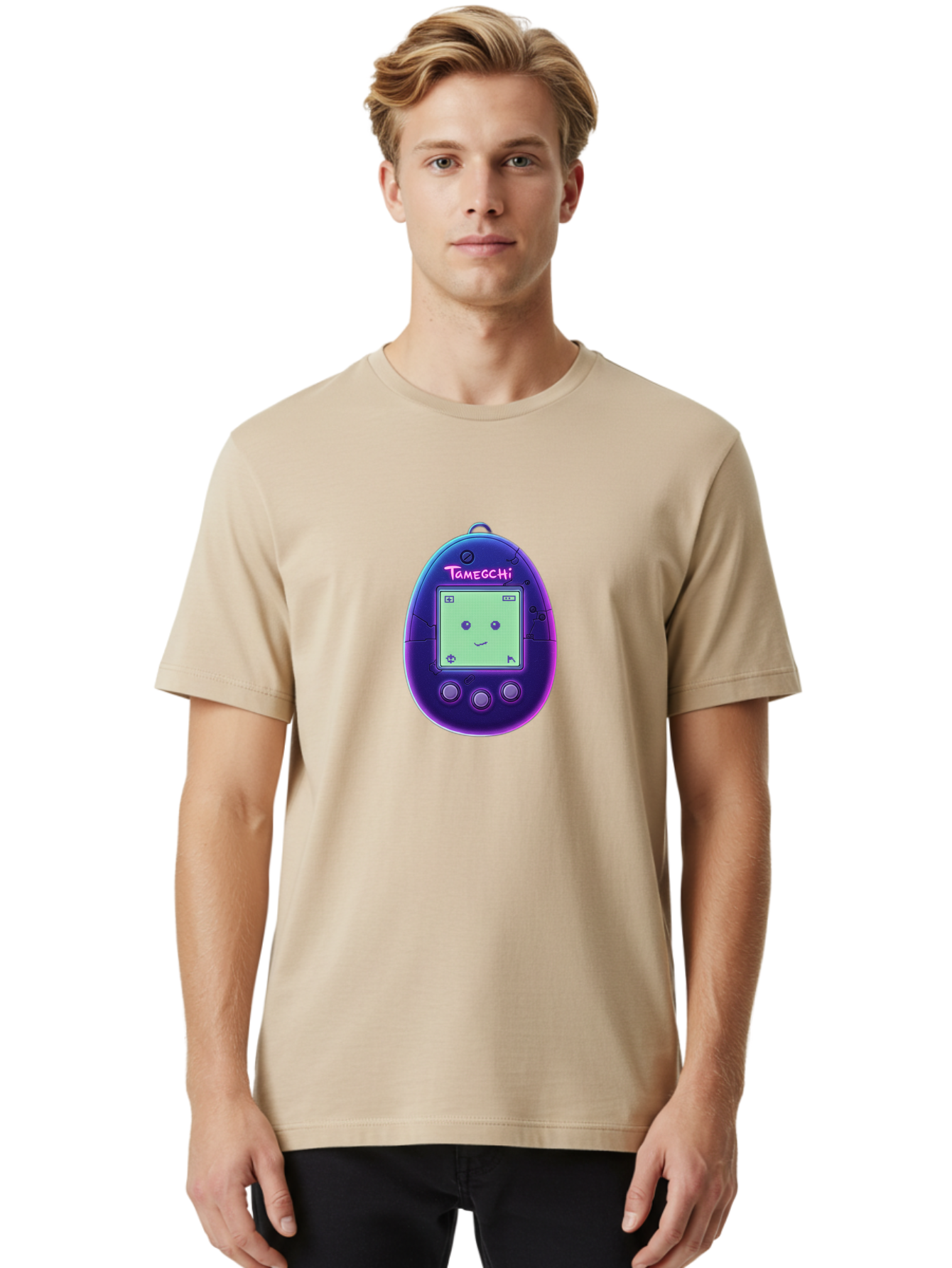 Tamagotchi-4 Men'S Graphic Tee, 100% Cotton, Comfortable Casual Summer Wear, Machine Washable, Retro Digital Pet, Handheld Game, Nostalgic Tech, Purple Egg-Shaped Device, Cute Character, Gaming Nostalgia, 90S Kids, Retro Gaming Culture Bab498