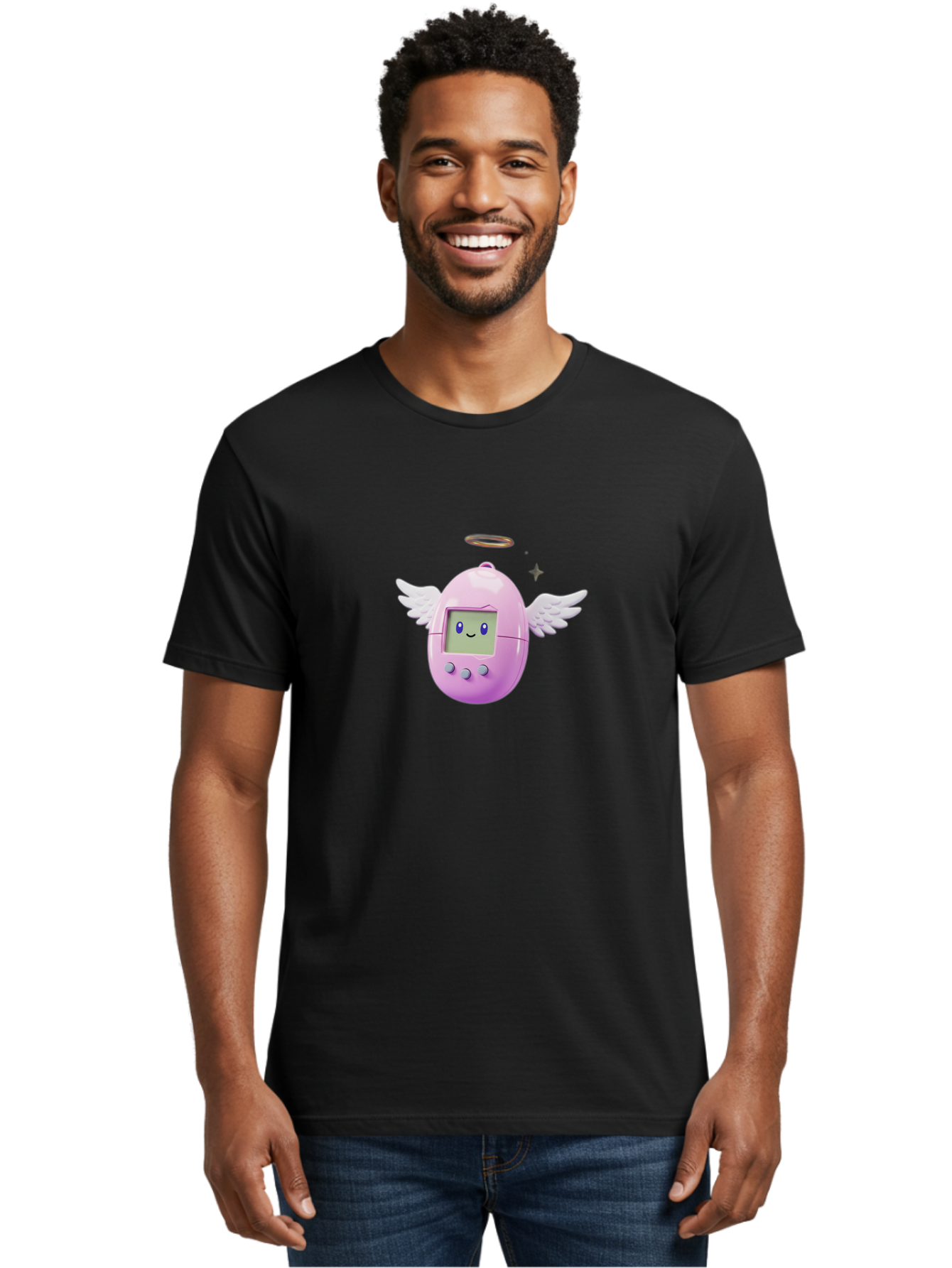 Tamagotchi-5 Men'S Graphic Tee, 100% Cotton, Comfortable Casual Summer Wear, Machine Washable, Tamagotchi With Wings, Cartoon Character, Pink Digital Pet, Smiley Face, Cute Design, Retro Toy, Nostalgic Feel, Adorable, Digital Creature Bab499