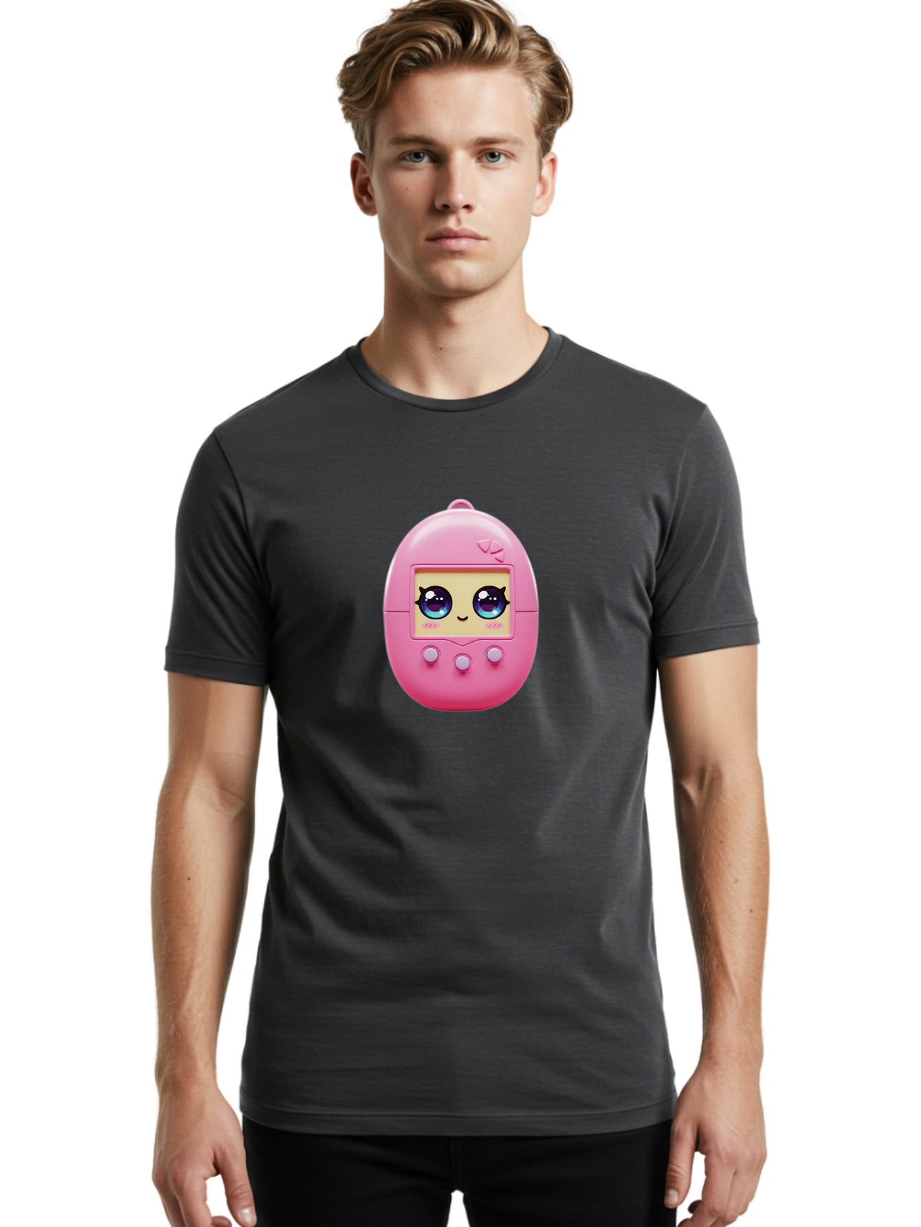 Tamagotchi-6 Men'S Graphic Tee, 100% Cotton, Comfortable Casual Summer Wear, Machine Washable, Pink Digital Pet, Cartoon Eyes, Kawaii Character, Nostalgia, Retro Gaming, Digital Creature Bab500