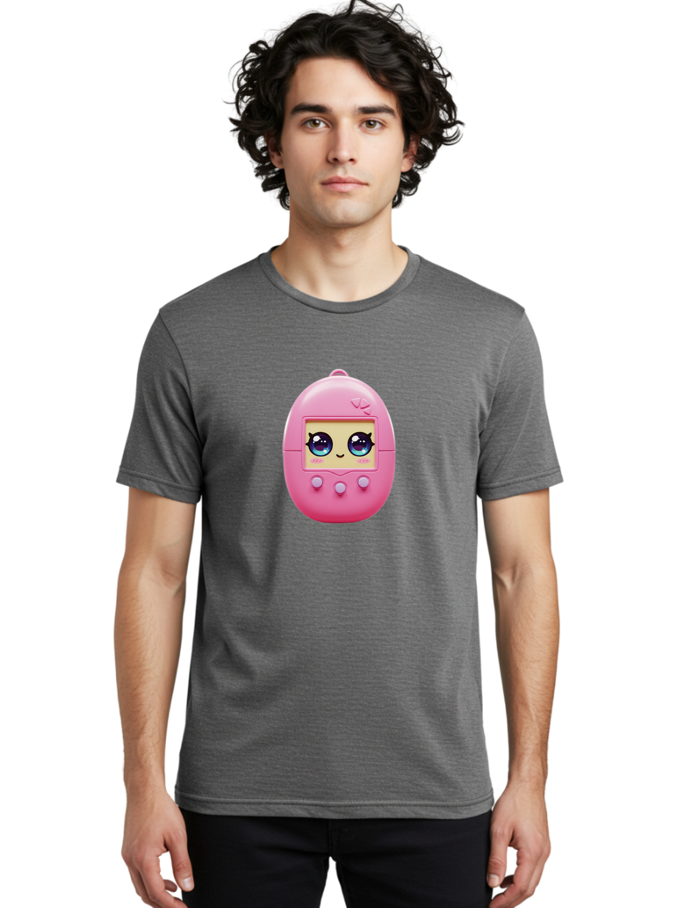 Tamagotchi-6 Men'S Graphic Tee, 100% Cotton, Comfortable Casual Summer Wear, Machine Washable, Pink Digital Pet, Cartoon Eyes, Kawaii Character, Nostalgia, Retro Gaming, Digital Creature Bab500