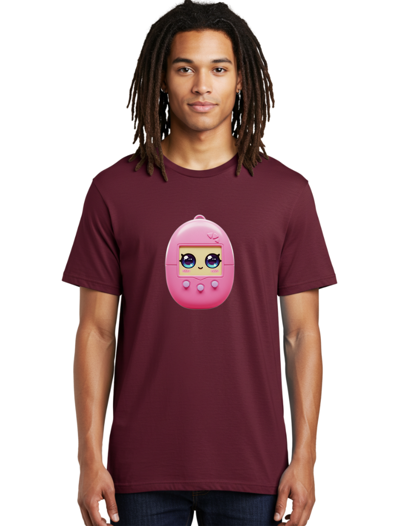 Tamagotchi-6 Men'S Graphic Tee, 100% Cotton, Comfortable Casual Summer Wear, Machine Washable, Pink Digital Pet, Cartoon Eyes, Kawaii Character, Nostalgia, Retro Gaming, Digital Creature Bab500