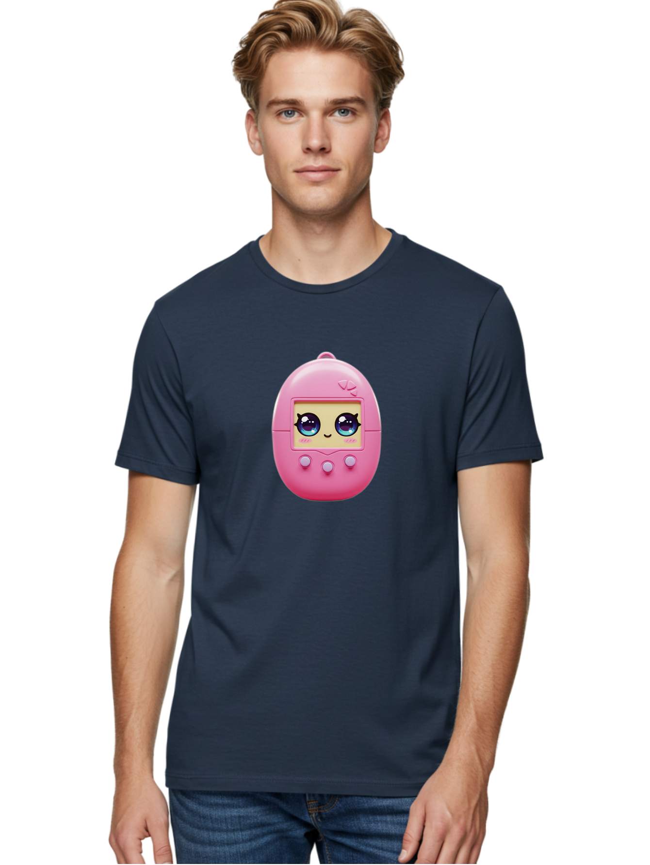 Tamagotchi-6 Men'S Graphic Tee, 100% Cotton, Comfortable Casual Summer Wear, Machine Washable, Pink Digital Pet, Cartoon Eyes, Kawaii Character, Nostalgia, Retro Gaming, Digital Creature Bab500