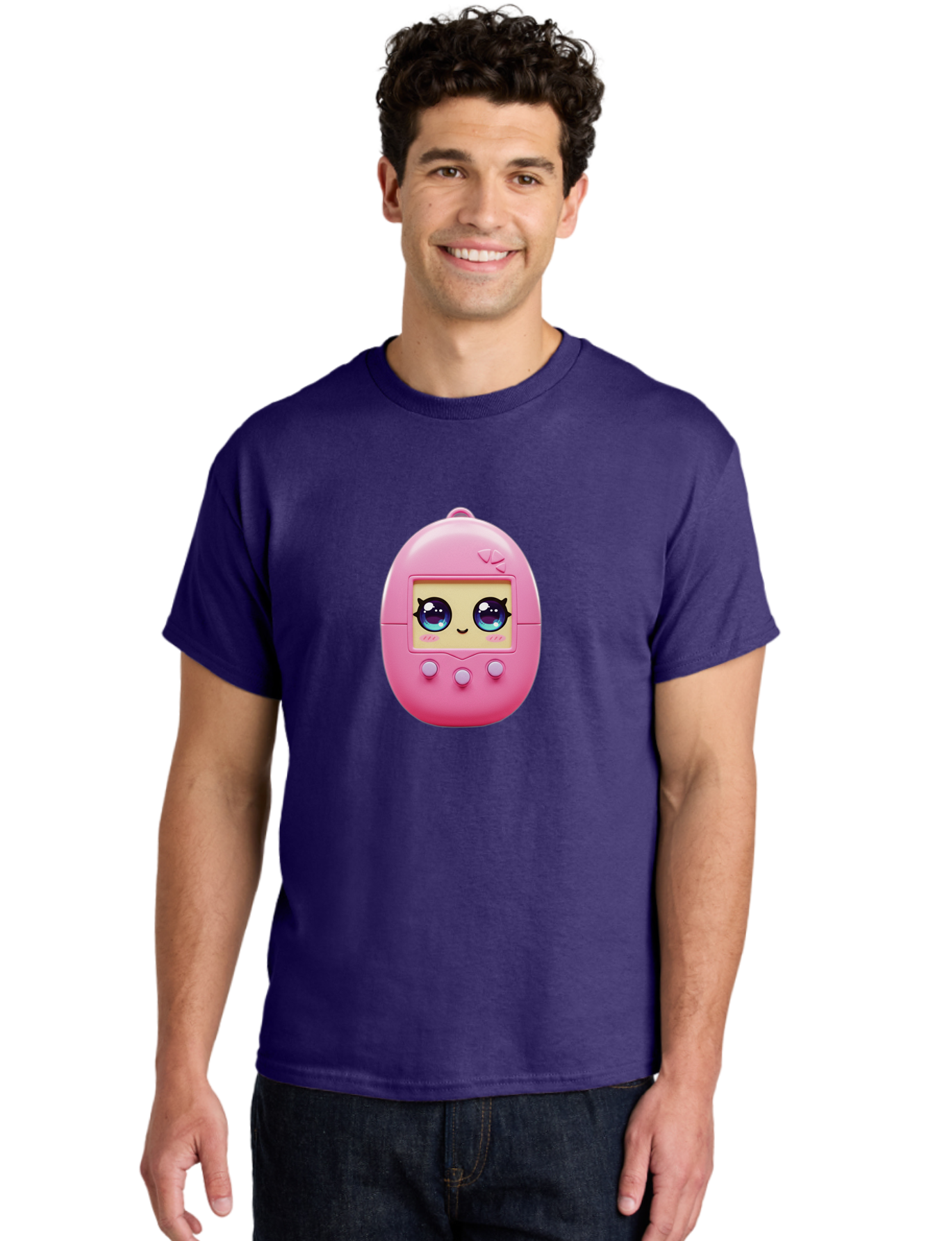 Tamagotchi-6 Men'S Graphic Tee, 100% Cotton, Comfortable Casual Summer Wear, Machine Washable, Pink Digital Pet, Cartoon Eyes, Kawaii Character, Nostalgia, Retro Gaming, Digital Creature Bab500
