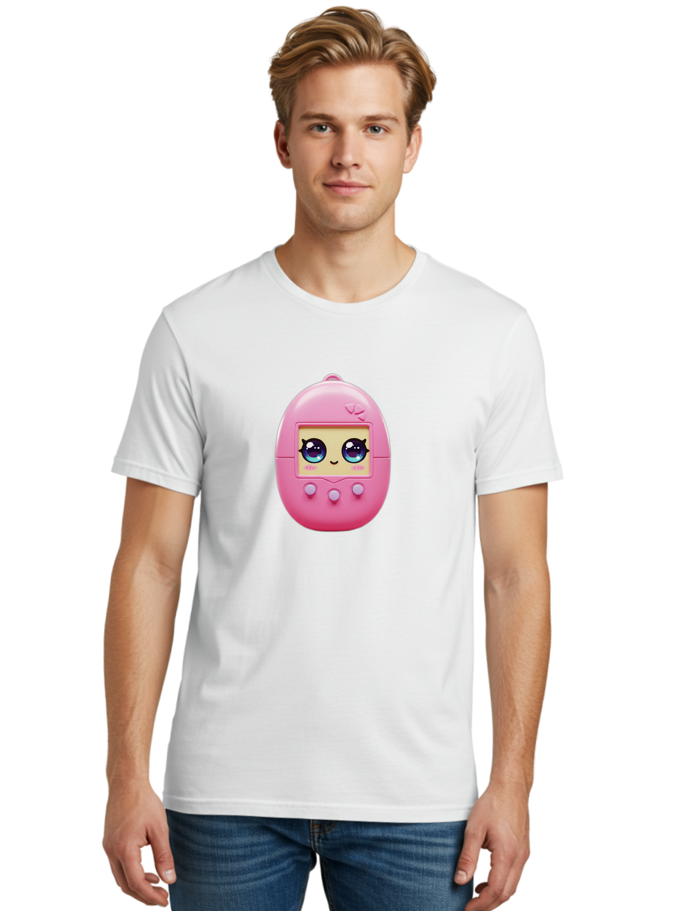 Tamagotchi-6 Men'S Graphic Tee, 100% Cotton, Comfortable Casual Summer Wear, Machine Washable, Pink Digital Pet, Cartoon Eyes, Kawaii Character, Nostalgia, Retro Gaming, Digital Creature Bab500