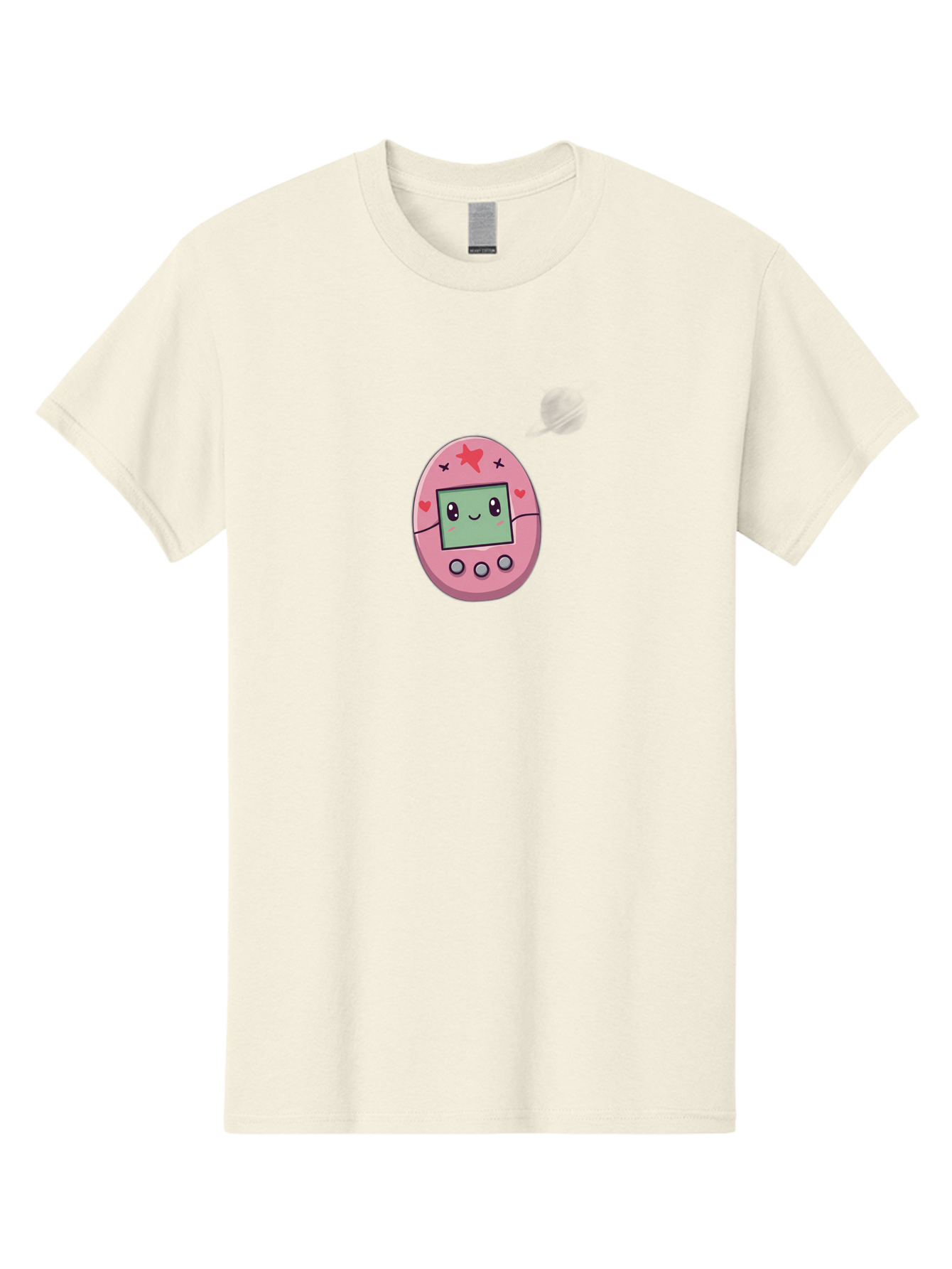 Tamagotchi-8 Men'S Graphic Tee, 100% Cotton, Comfortable Casual Summer Wear, Machine Washable, Pink Digital Pet, Cartoon Character, Cute Design, Heart And Star Decorations, Smiling Face, Digital Display, Interactive Buttons, Virtual Pet, Bab502