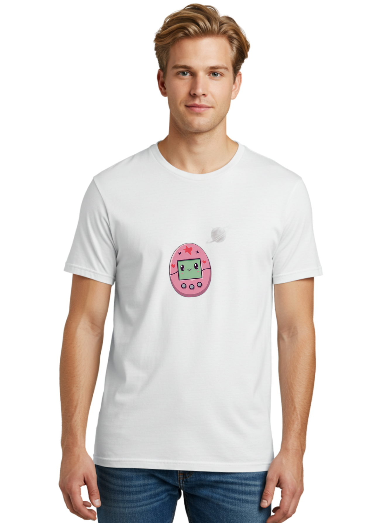Tamagotchi-8 Men'S Graphic Tee, 100% Cotton, Comfortable Casual Summer Wear, Machine Washable, Pink Digital Pet, Cartoon Character, Cute Design, Heart And Star Decorations, Smiling Face, Digital Display, Interactive Buttons, Virtual Pet, Bab502