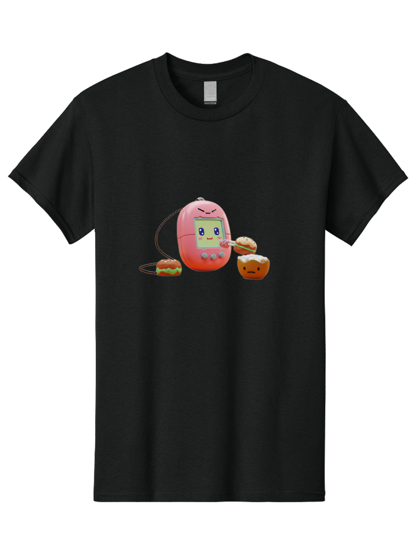 Tamagotchi-Feeding-Burgers Men'S Graphic Tee, 100% Cotton, Comfortable Casual Summer Wear, Machine Washable, Tamagotchi Digital Pet, Cartoon Character, Kawaii Culture, Handheld Game, Pastel Colors, Burger, Food, Digital Creature, Retro Gaming, Bab504