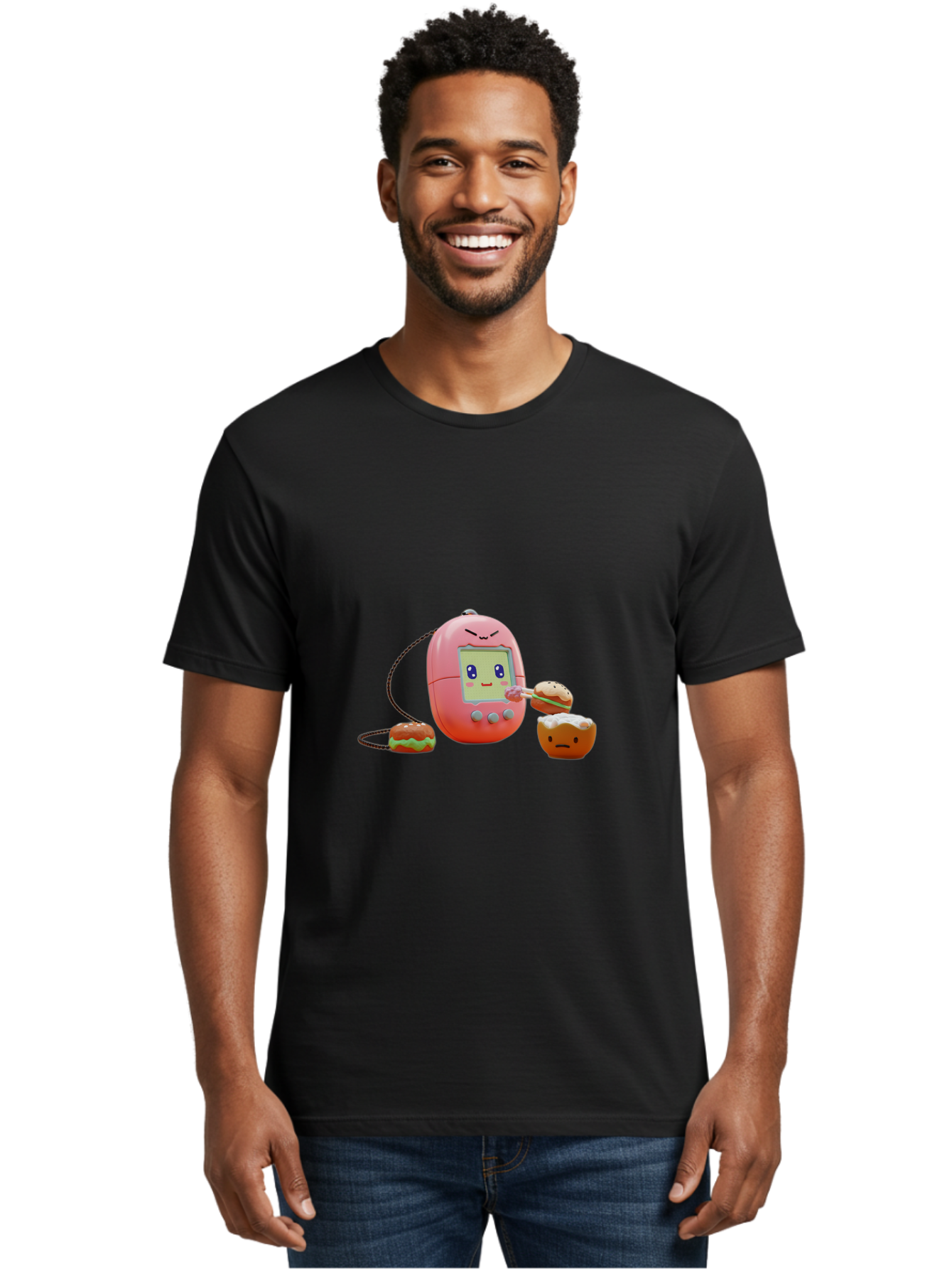 Tamagotchi-Feeding-Burgers Men'S Graphic Tee, 100% Cotton, Comfortable Casual Summer Wear, Machine Washable, Tamagotchi Digital Pet, Cartoon Character, Kawaii Culture, Handheld Game, Pastel Colors, Burger, Food, Digital Creature, Retro Gaming, Bab504