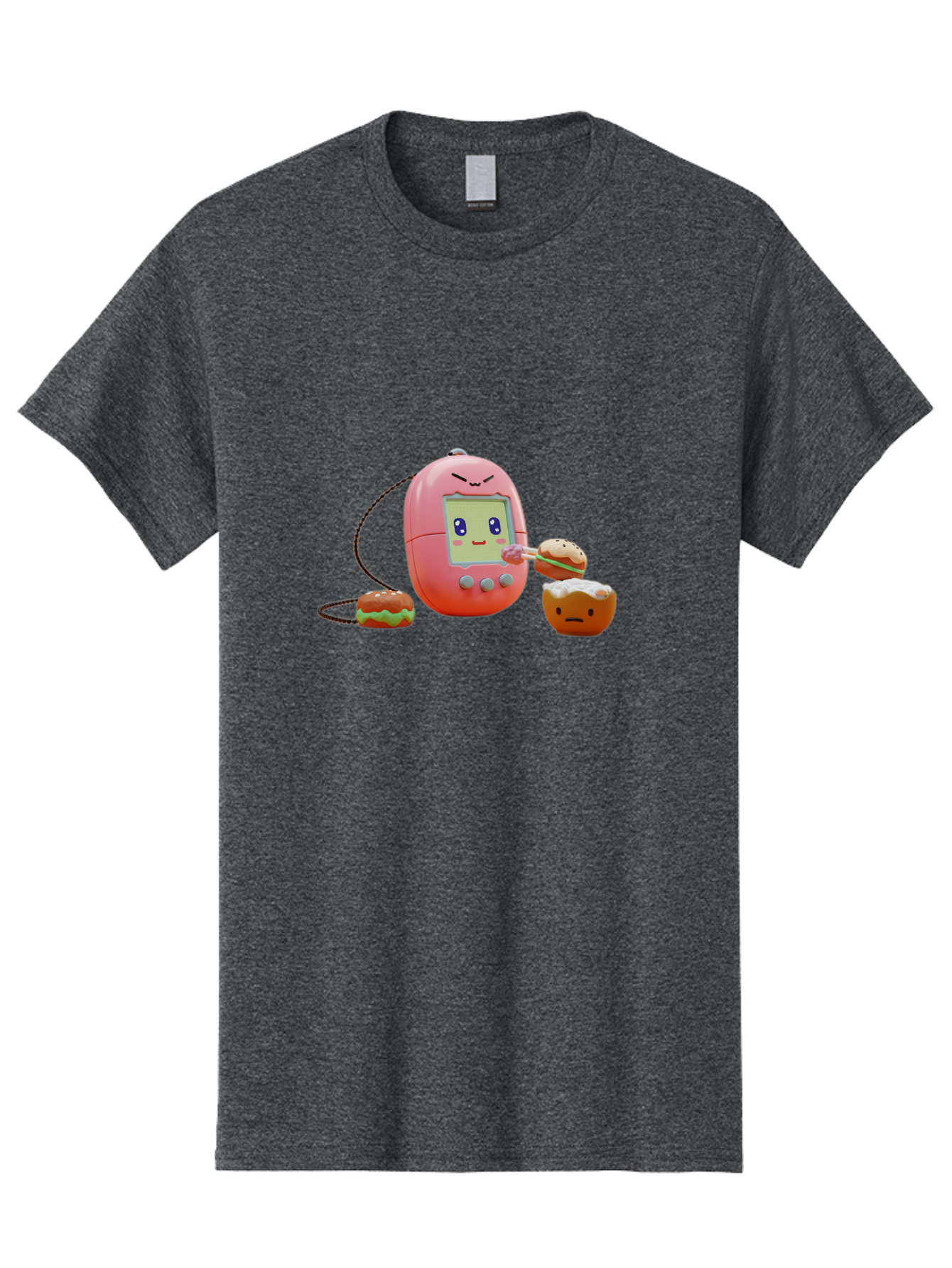 Tamagotchi-Feeding-Burgers Men'S Graphic Tee, 100% Cotton, Comfortable Casual Summer Wear, Machine Washable, Tamagotchi Digital Pet, Cartoon Character, Kawaii Culture, Handheld Game, Pastel Colors, Burger, Food, Digital Creature, Retro Gaming, Bab504