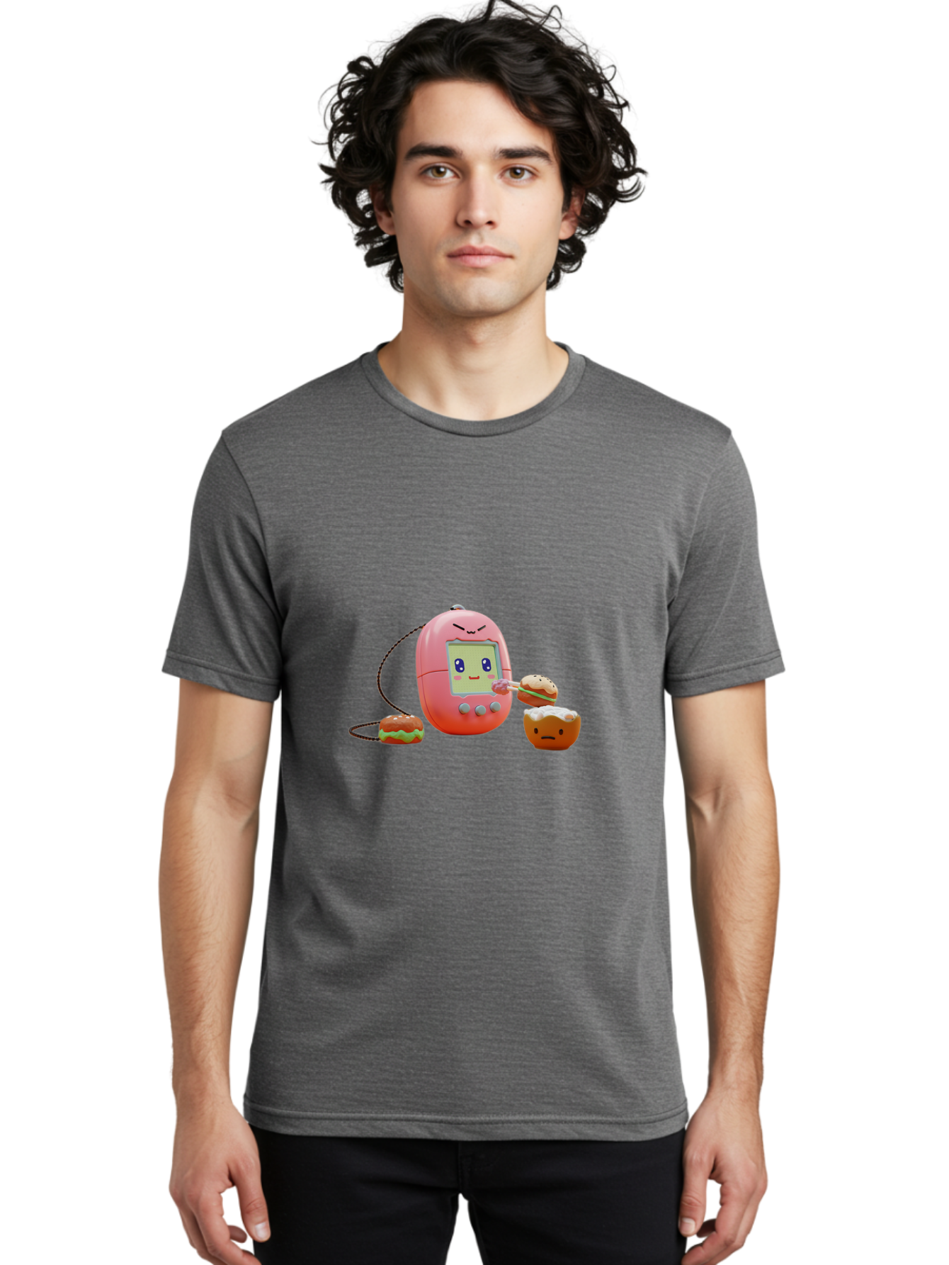 Tamagotchi-Feeding-Burgers Men'S Graphic Tee, 100% Cotton, Comfortable Casual Summer Wear, Machine Washable, Tamagotchi Digital Pet, Cartoon Character, Kawaii Culture, Handheld Game, Pastel Colors, Burger, Food, Digital Creature, Retro Gaming, Bab504