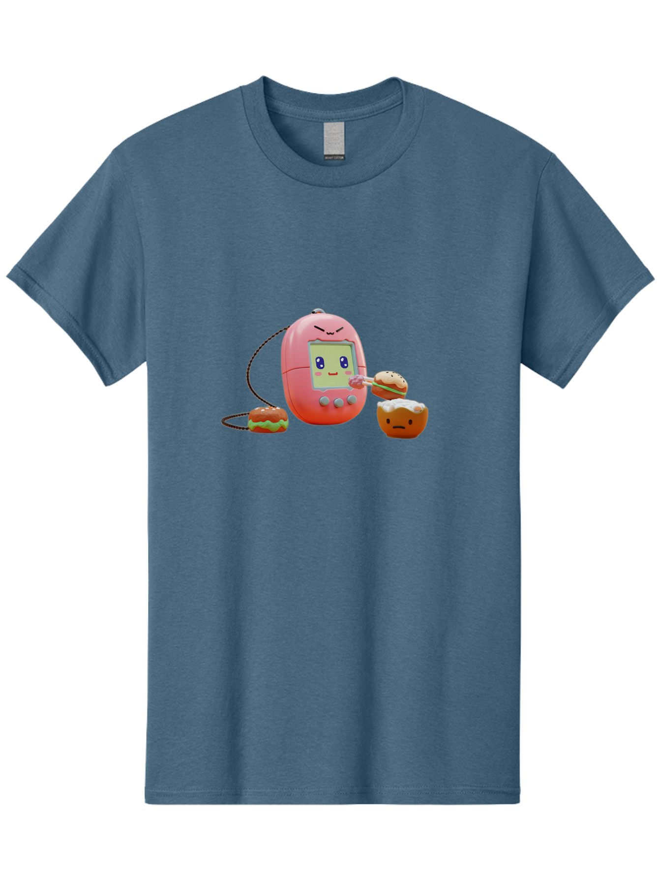 Tamagotchi-Feeding-Burgers Men'S Graphic Tee, 100% Cotton, Comfortable Casual Summer Wear, Machine Washable, Tamagotchi Digital Pet, Cartoon Character, Kawaii Culture, Handheld Game, Pastel Colors, Burger, Food, Digital Creature, Retro Gaming, Bab504