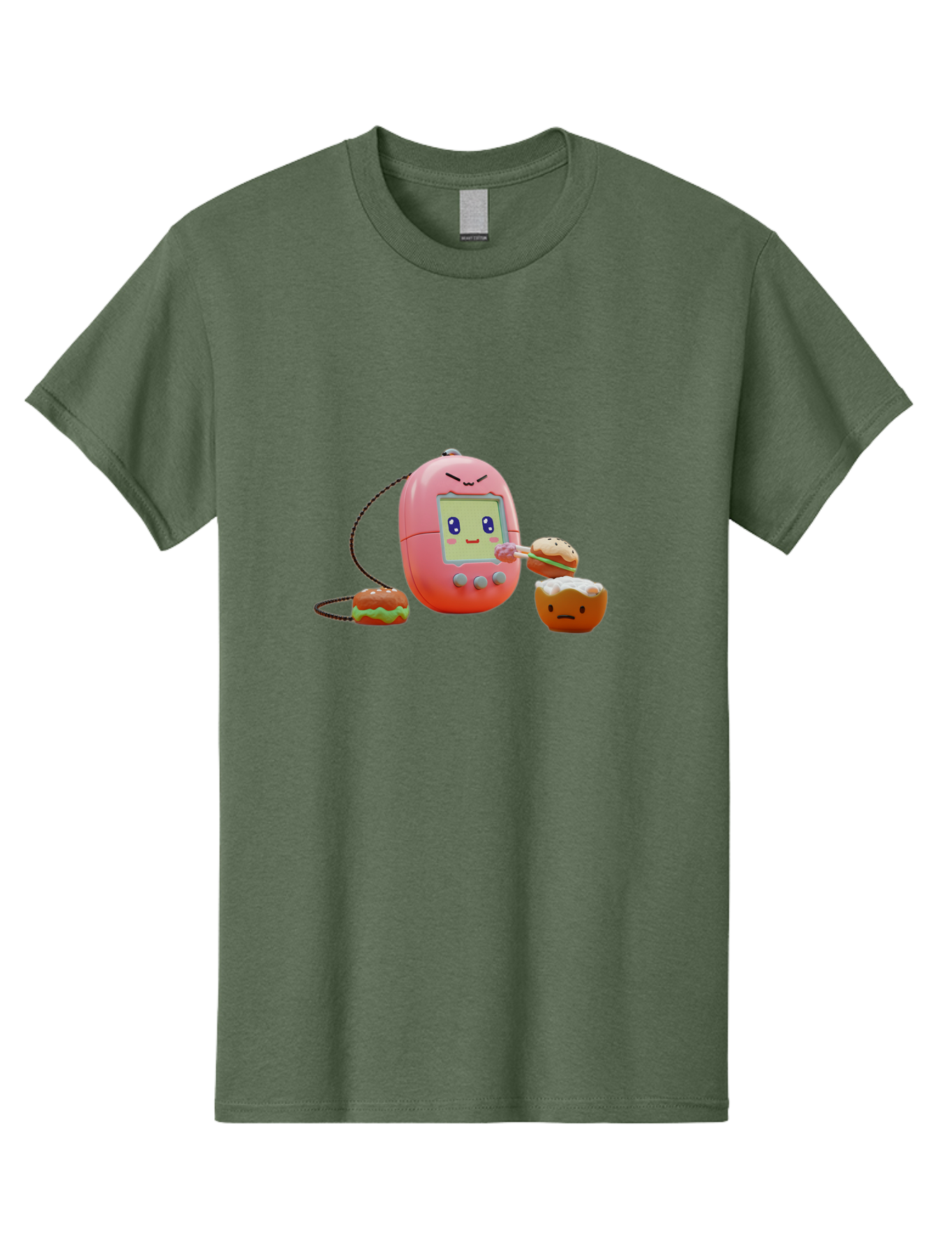 Tamagotchi-Feeding-Burgers Men'S Graphic Tee, 100% Cotton, Comfortable Casual Summer Wear, Machine Washable, Tamagotchi Digital Pet, Cartoon Character, Kawaii Culture, Handheld Game, Pastel Colors, Burger, Food, Digital Creature, Retro Gaming, Bab504