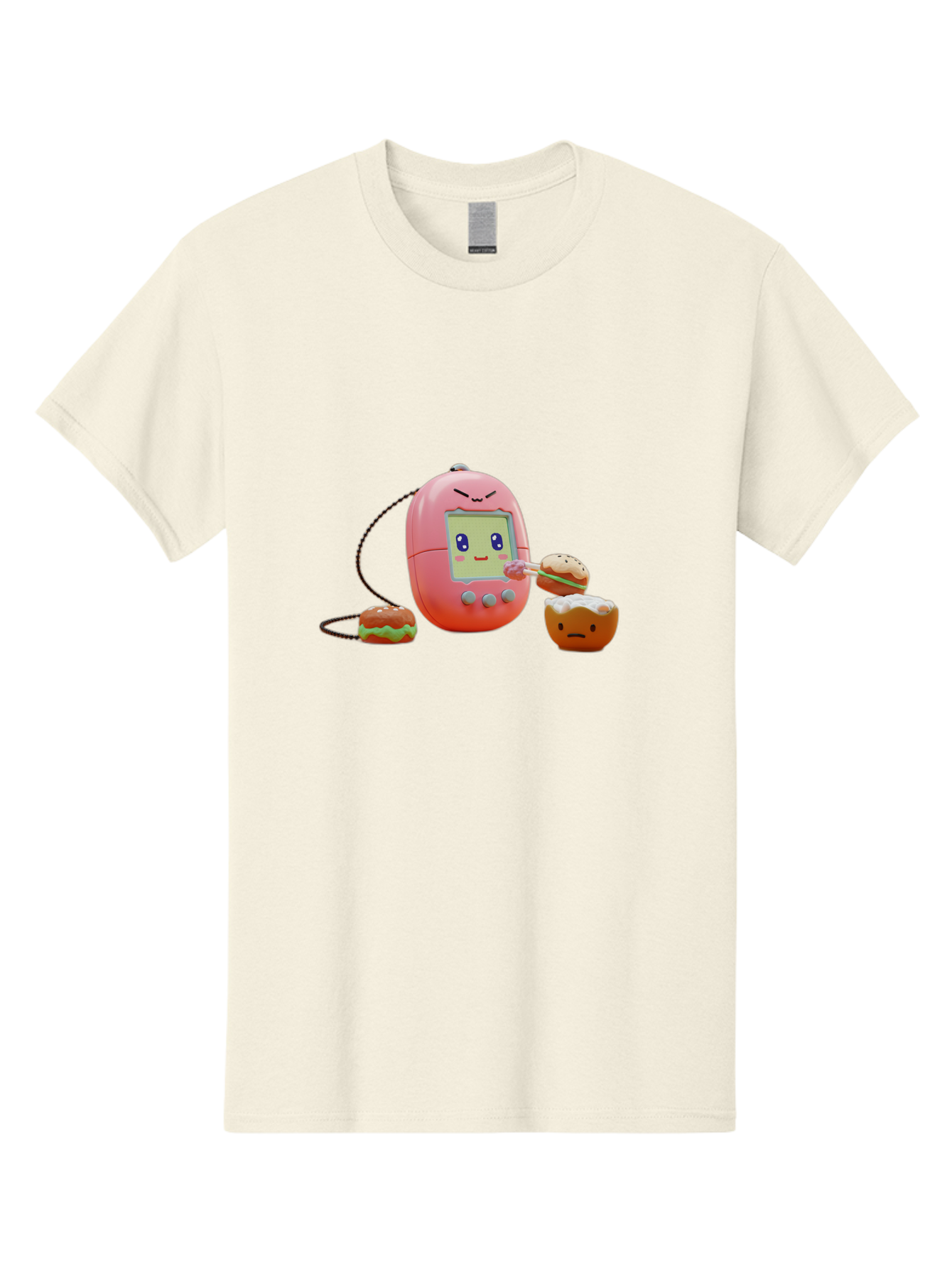 Tamagotchi-Feeding-Burgers Men'S Graphic Tee, 100% Cotton, Comfortable Casual Summer Wear, Machine Washable, Tamagotchi Digital Pet, Cartoon Character, Kawaii Culture, Handheld Game, Pastel Colors, Burger, Food, Digital Creature, Retro Gaming, Bab504