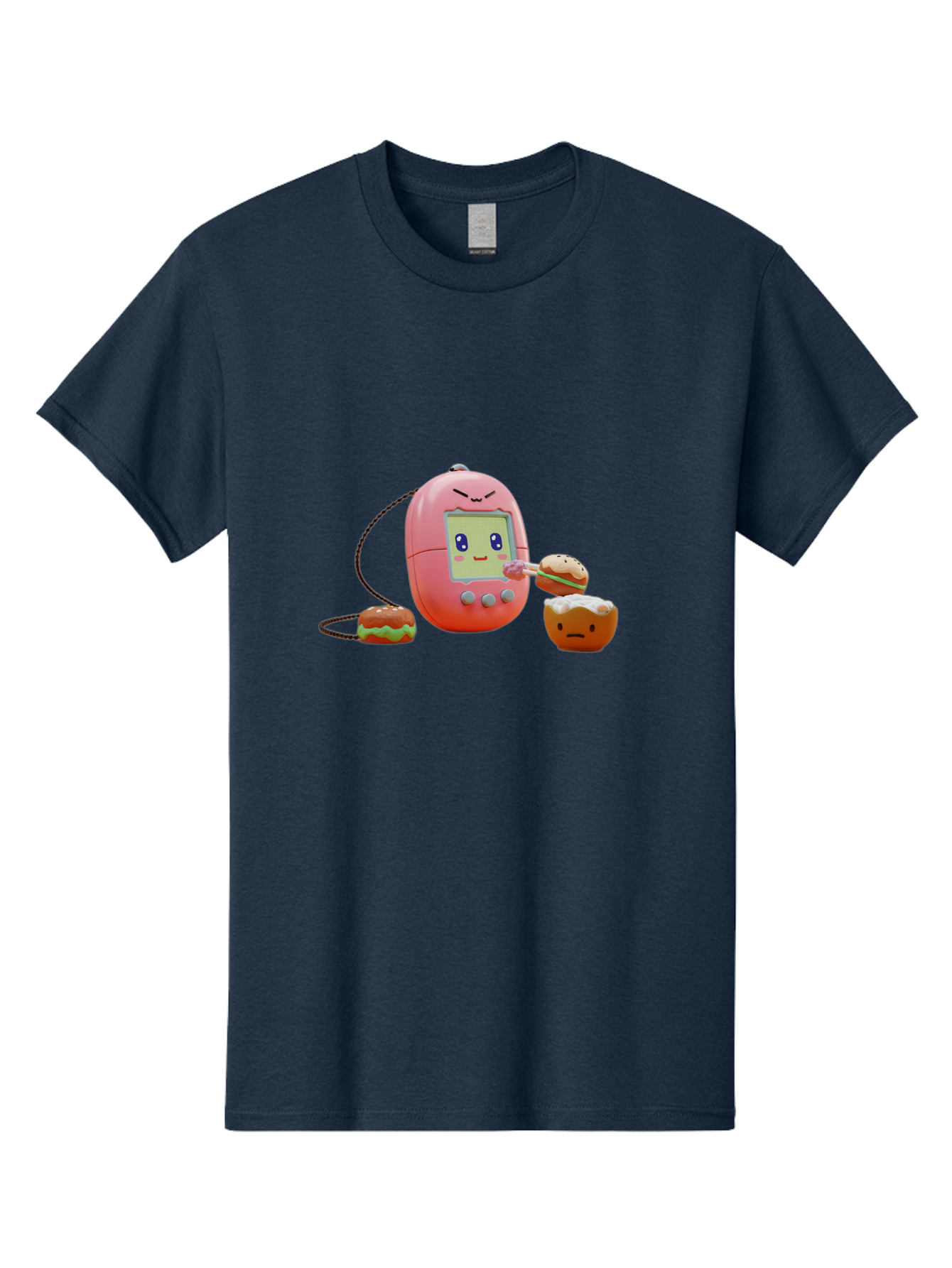 Tamagotchi-Feeding-Burgers Men'S Graphic Tee, 100% Cotton, Comfortable Casual Summer Wear, Machine Washable, Tamagotchi Digital Pet, Cartoon Character, Kawaii Culture, Handheld Game, Pastel Colors, Burger, Food, Digital Creature, Retro Gaming, Bab504
