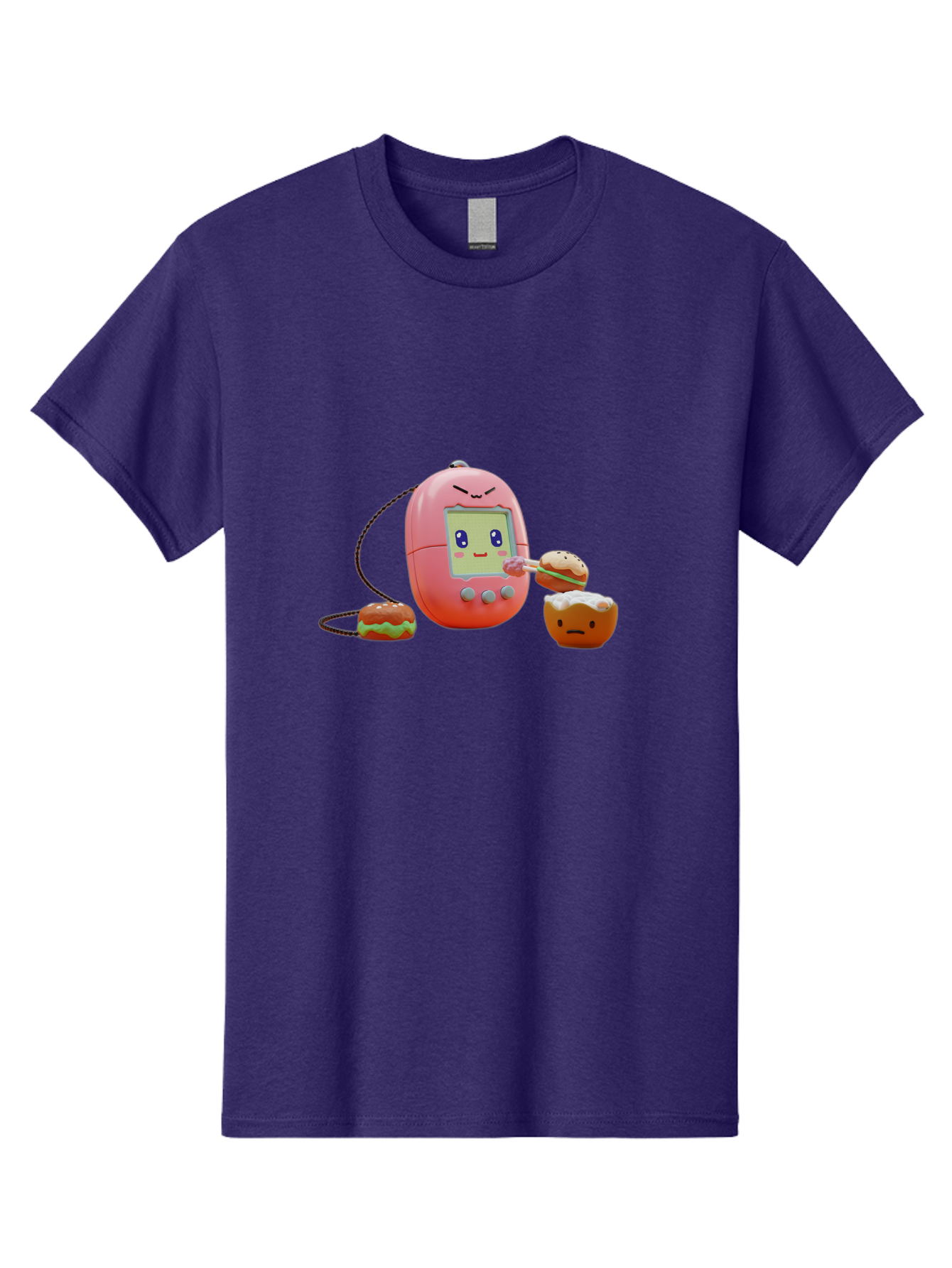 Tamagotchi-Feeding-Burgers Men'S Graphic Tee, 100% Cotton, Comfortable Casual Summer Wear, Machine Washable, Tamagotchi Digital Pet, Cartoon Character, Kawaii Culture, Handheld Game, Pastel Colors, Burger, Food, Digital Creature, Retro Gaming, Bab504