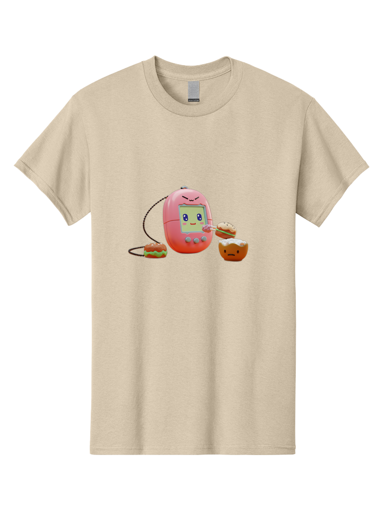 Tamagotchi-Feeding-Burgers Men'S Graphic Tee, 100% Cotton, Comfortable Casual Summer Wear, Machine Washable, Tamagotchi Digital Pet, Cartoon Character, Kawaii Culture, Handheld Game, Pastel Colors, Burger, Food, Digital Creature, Retro Gaming, Bab504