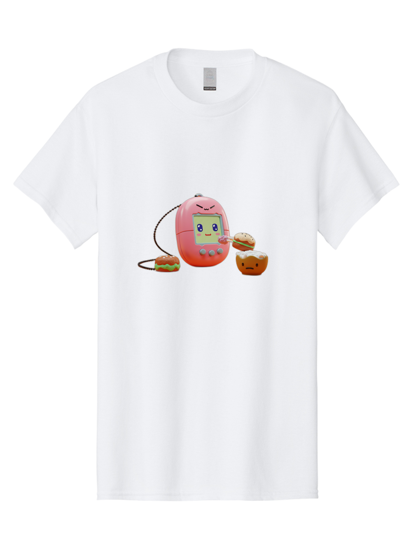 Tamagotchi-Feeding-Burgers Men'S Graphic Tee, 100% Cotton, Comfortable Casual Summer Wear, Machine Washable, Tamagotchi Digital Pet, Cartoon Character, Kawaii Culture, Handheld Game, Pastel Colors, Burger, Food, Digital Creature, Retro Gaming, Bab504