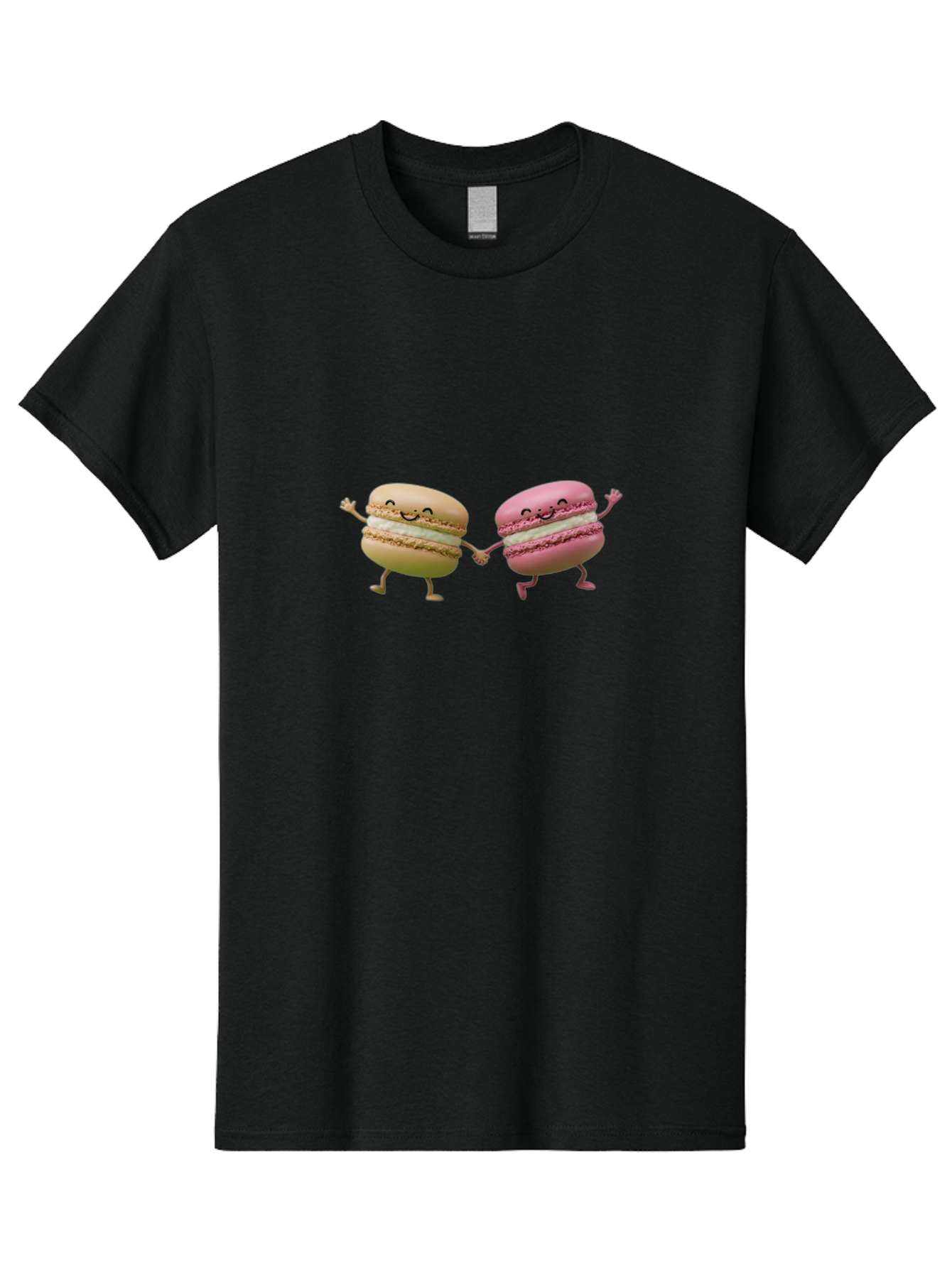 Tan-And-Pink-Macarons Men'S Graphic Tee, 100% Cotton, Comfortable Casual Summer Wear, Machine Washable, Cartoon Macarons, Macaron Characters, Smiling Macarons, Holding Hands Macarons, Beige Macaron, Pink Macaron, White Filling Bab506