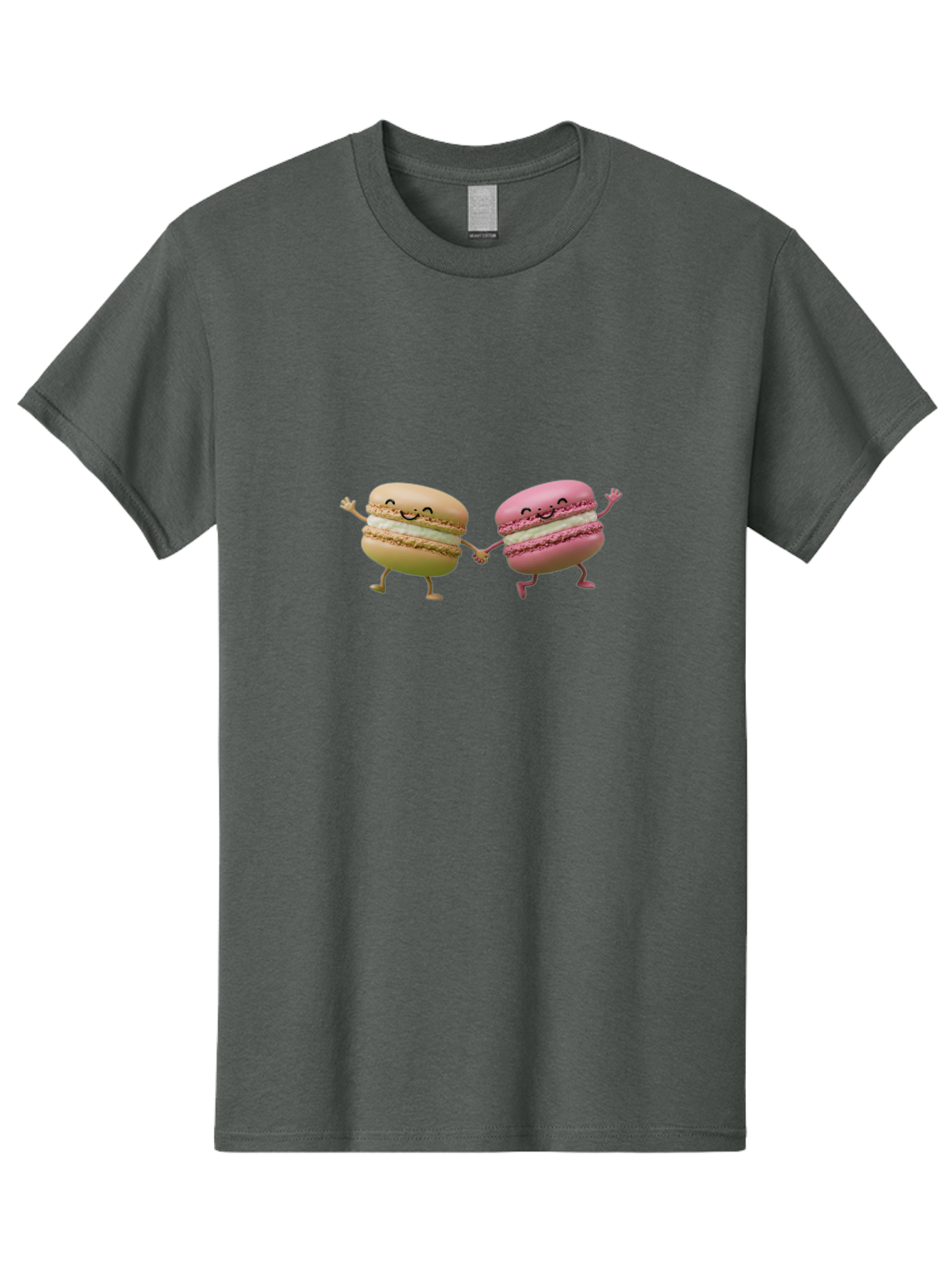 Tan-And-Pink-Macarons Men'S Graphic Tee, 100% Cotton, Comfortable Casual Summer Wear, Machine Washable, Cartoon Macarons, Macaron Characters, Smiling Macarons, Holding Hands Macarons, Beige Macaron, Pink Macaron, White Filling Bab506