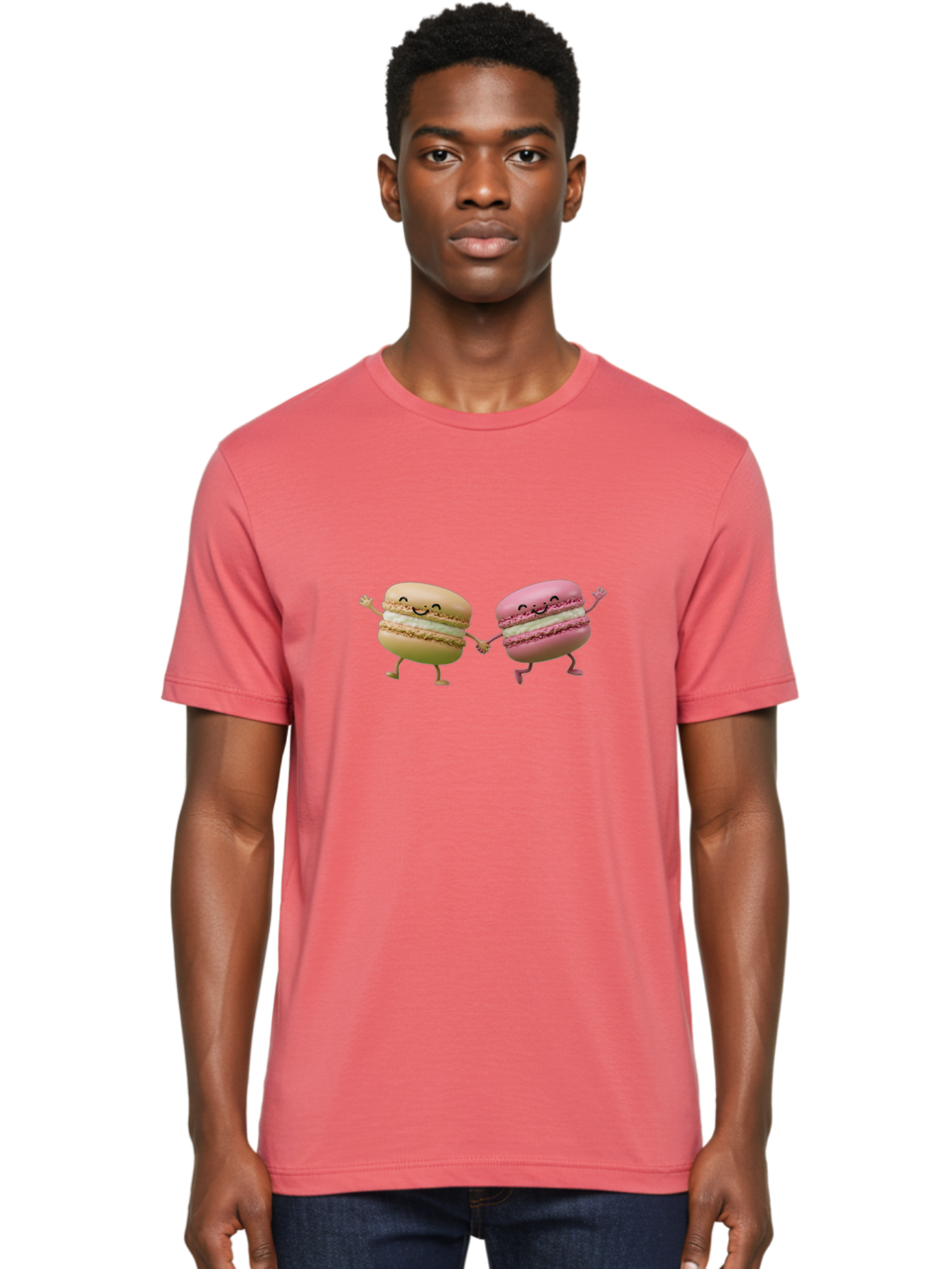 Tan-And-Pink-Macarons Men'S Graphic Tee, 100% Cotton, Comfortable Casual Summer Wear, Machine Washable, Cartoon Macarons, Macaron Characters, Smiling Macarons, Holding Hands Macarons, Beige Macaron, Pink Macaron, White Filling Bab506