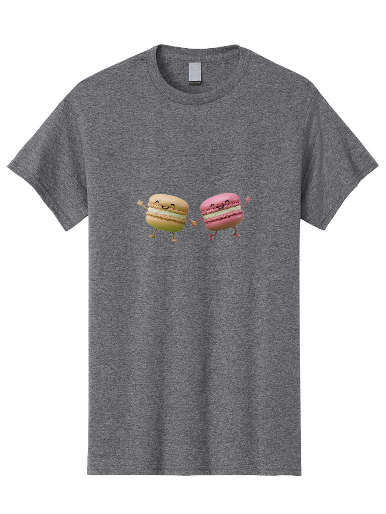 Tan-And-Pink-Macarons Men'S Graphic Tee, 100% Cotton, Comfortable Casual Summer Wear, Machine Washable, Cartoon Macarons, Macaron Characters, Smiling Macarons, Holding Hands Macarons, Beige Macaron, Pink Macaron, White Filling Bab506