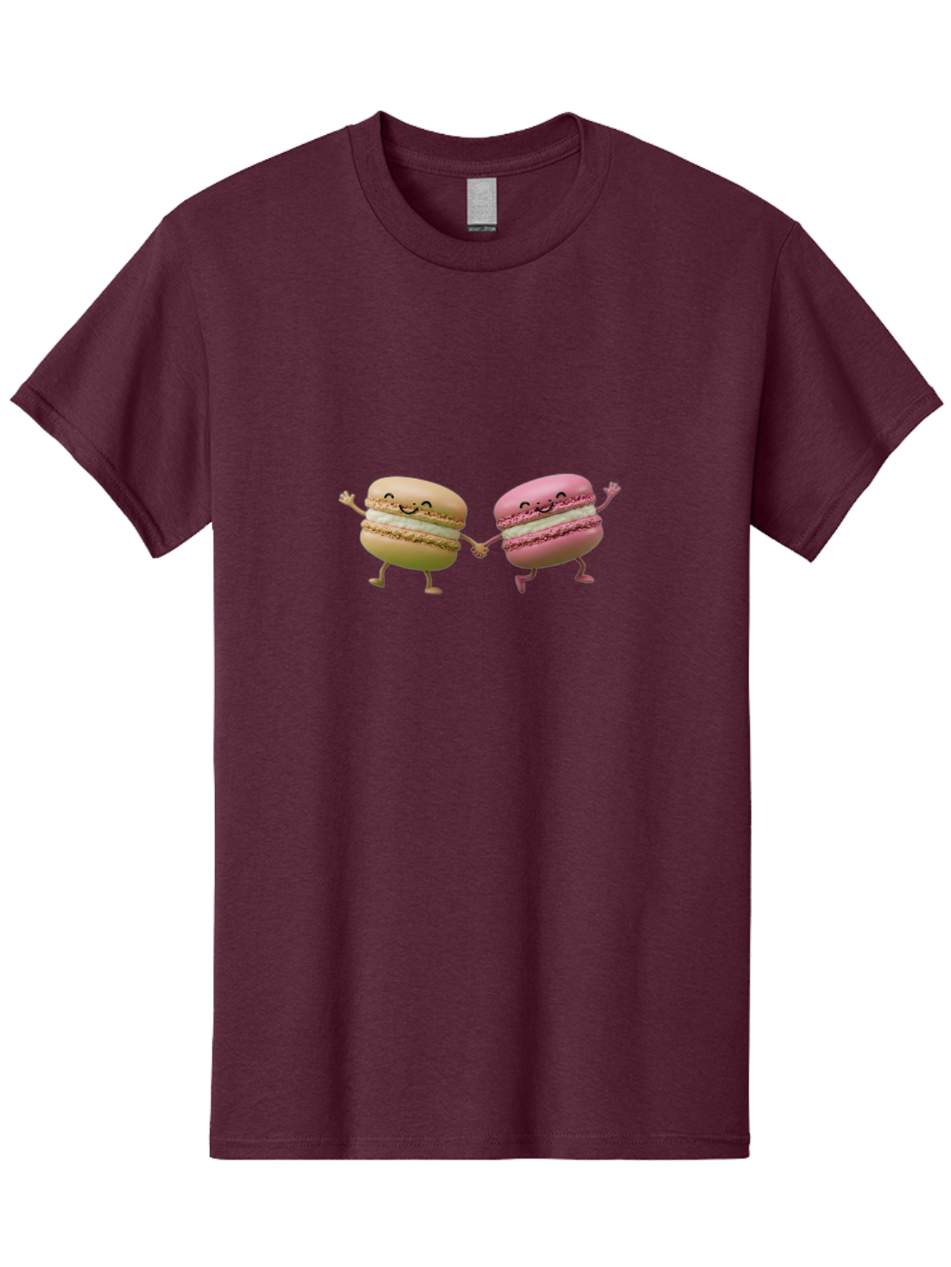 Tan-And-Pink-Macarons Men'S Graphic Tee, 100% Cotton, Comfortable Casual Summer Wear, Machine Washable, Cartoon Macarons, Macaron Characters, Smiling Macarons, Holding Hands Macarons, Beige Macaron, Pink Macaron, White Filling Bab506