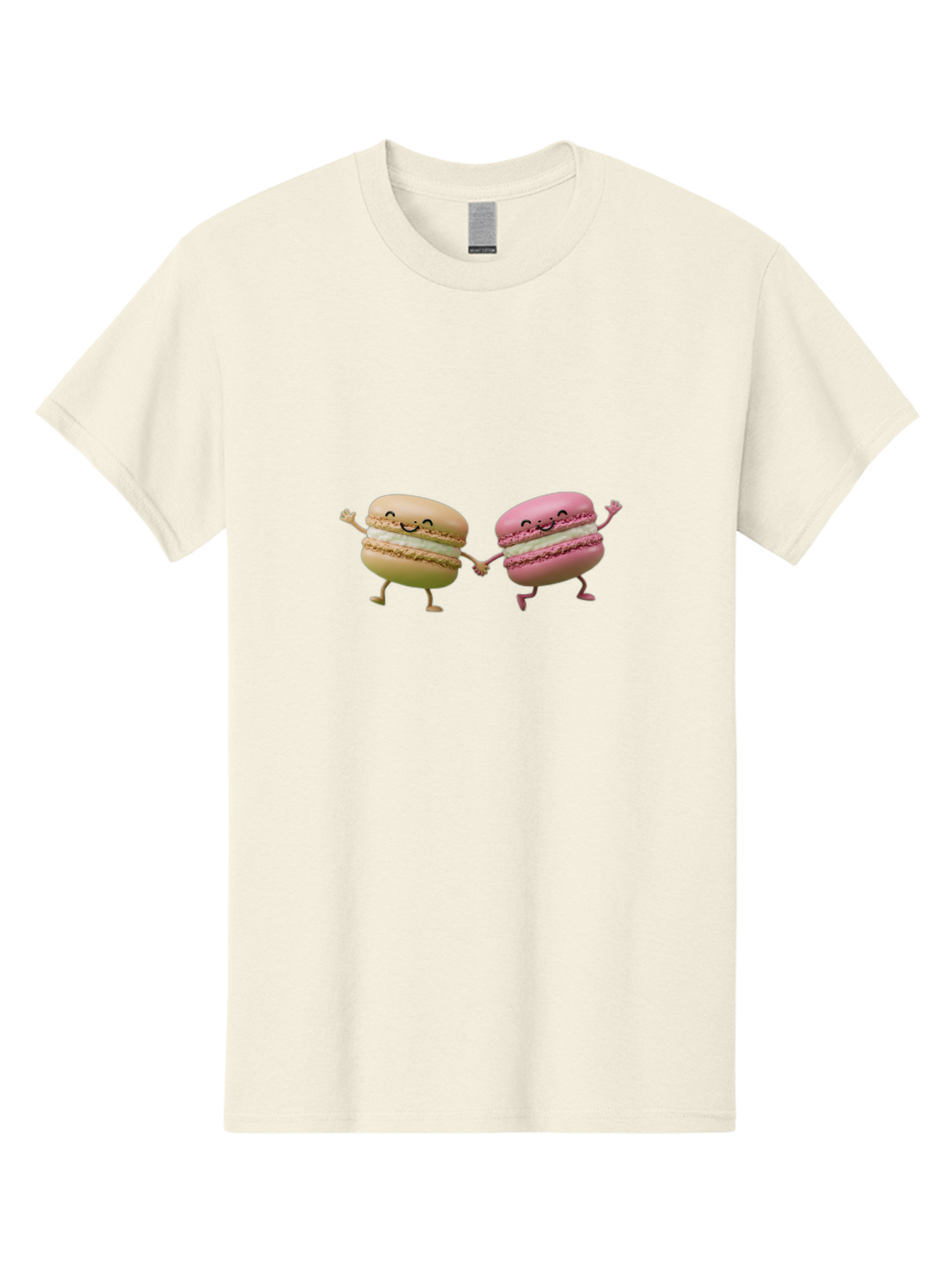 Tan-And-Pink-Macarons Men'S Graphic Tee, 100% Cotton, Comfortable Casual Summer Wear, Machine Washable, Cartoon Macarons, Macaron Characters, Smiling Macarons, Holding Hands Macarons, Beige Macaron, Pink Macaron, White Filling Bab506