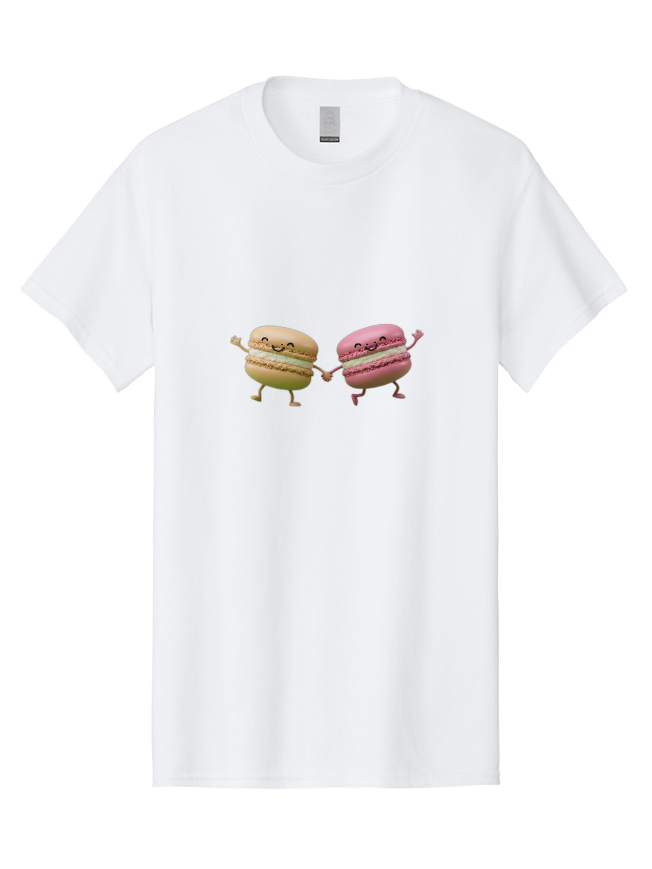 Tan-And-Pink-Macarons Men'S Graphic Tee, 100% Cotton, Comfortable Casual Summer Wear, Machine Washable, Cartoon Macarons, Macaron Characters, Smiling Macarons, Holding Hands Macarons, Beige Macaron, Pink Macaron, White Filling Bab506