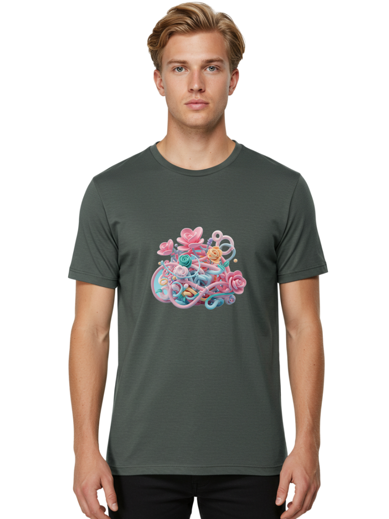 Tangled-Floral Men'S Graphic Tee, 100% Cotton, Comfortable Casual Summer Wear, Machine Washable, Pastel Flowers, Swirling Shapes, Floral Arrangement, Soft Colors, Whimsical Design, 3D Rendering, Abstract Floral, Colorful Blooms, Bab507