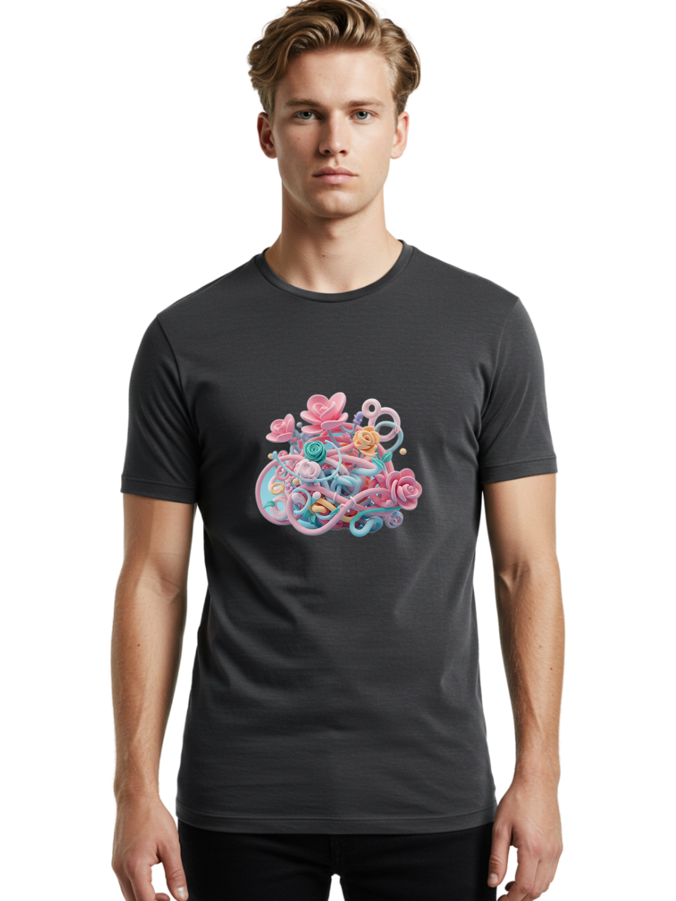 Tangled-Floral Men'S Graphic Tee, 100% Cotton, Comfortable Casual Summer Wear, Machine Washable, Pastel Flowers, Swirling Shapes, Floral Arrangement, Soft Colors, Whimsical Design, 3D Rendering, Abstract Floral, Colorful Blooms, Bab507