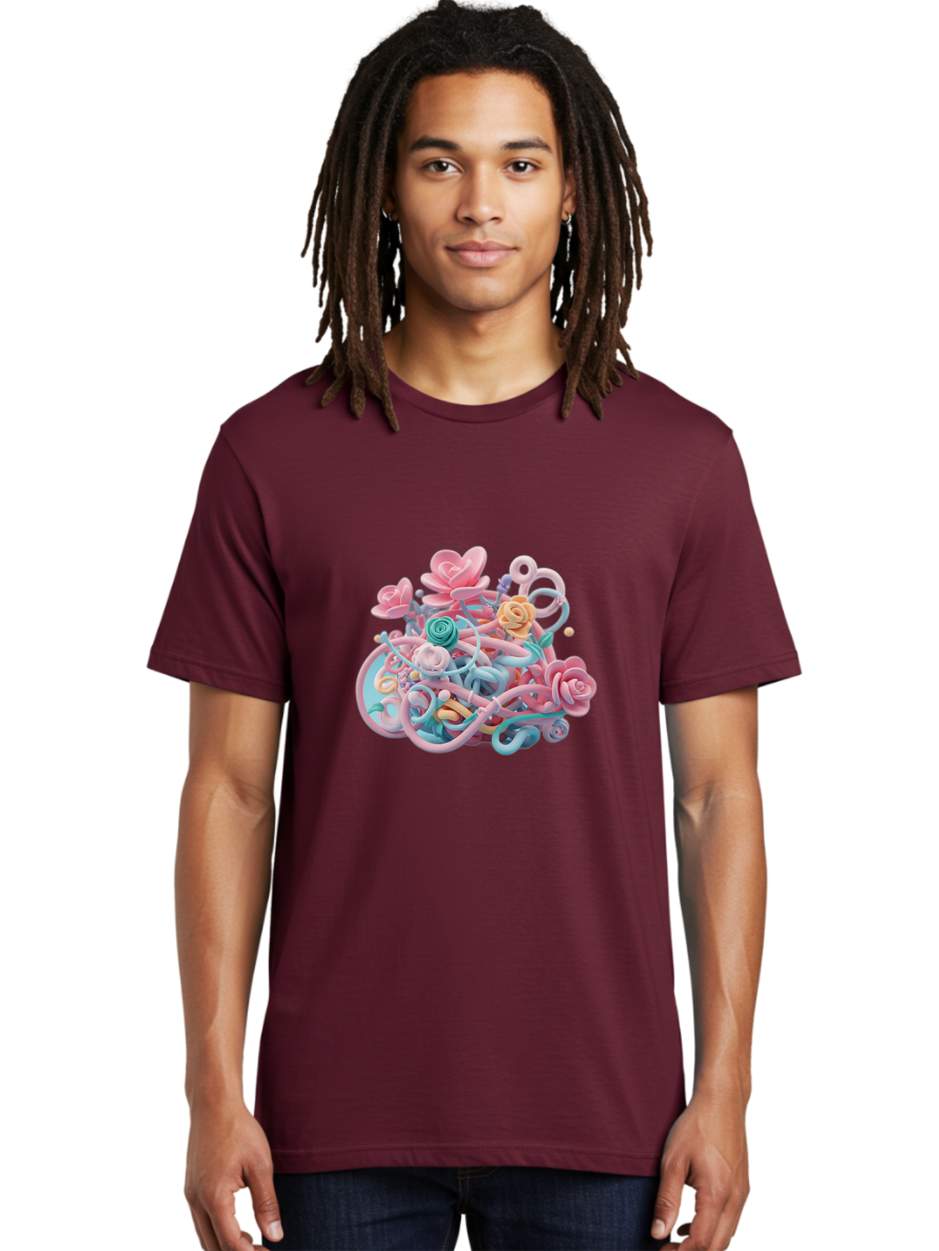 Tangled-Floral Men'S Graphic Tee, 100% Cotton, Comfortable Casual Summer Wear, Machine Washable, Pastel Flowers, Swirling Shapes, Floral Arrangement, Soft Colors, Whimsical Design, 3D Rendering, Abstract Floral, Colorful Blooms, Bab507