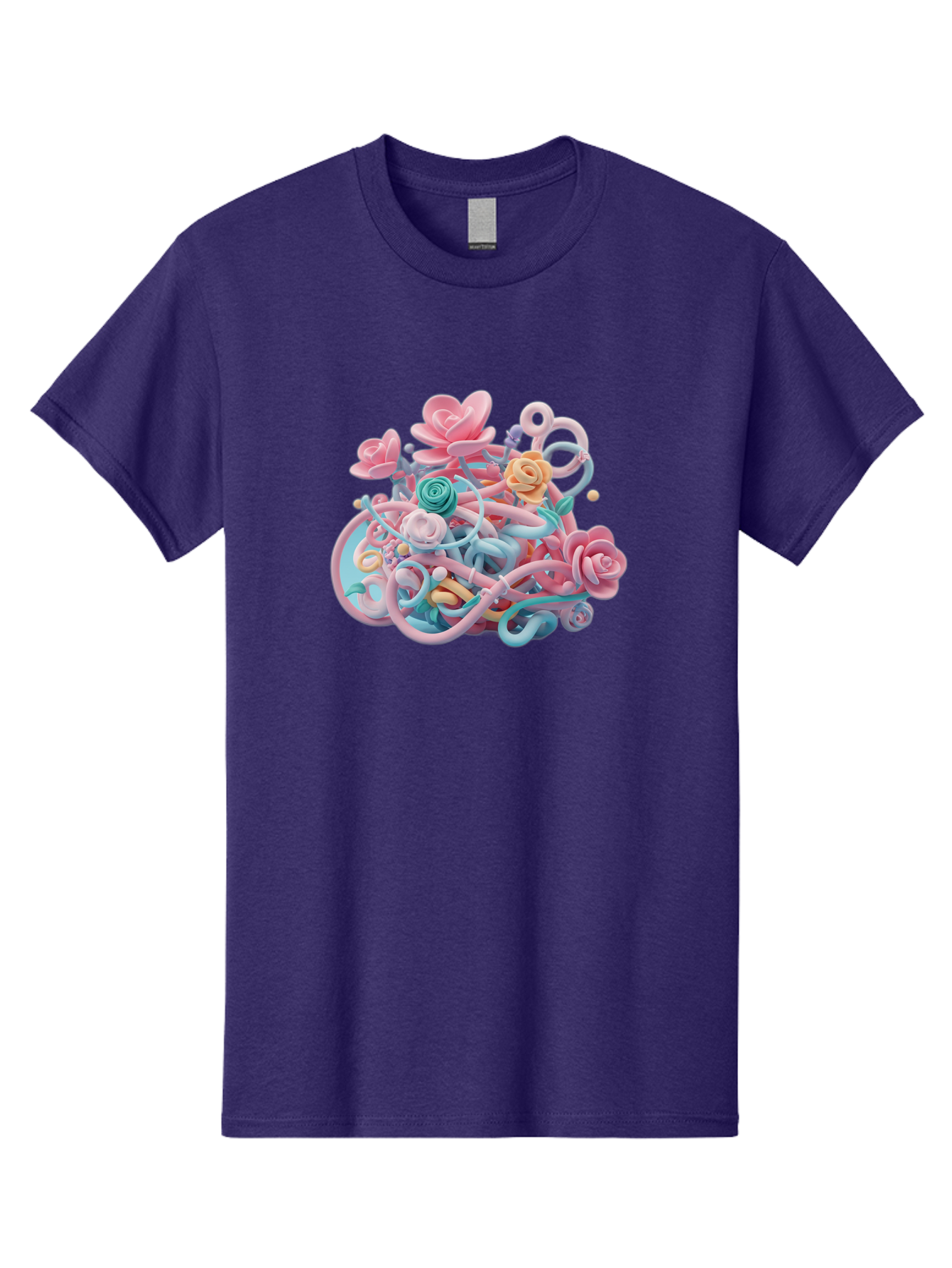 Tangled-Floral Men'S Graphic Tee, 100% Cotton, Comfortable Casual Summer Wear, Machine Washable, Pastel Flowers, Swirling Shapes, Floral Arrangement, Soft Colors, Whimsical Design, 3D Rendering, Abstract Floral, Colorful Blooms, Bab507