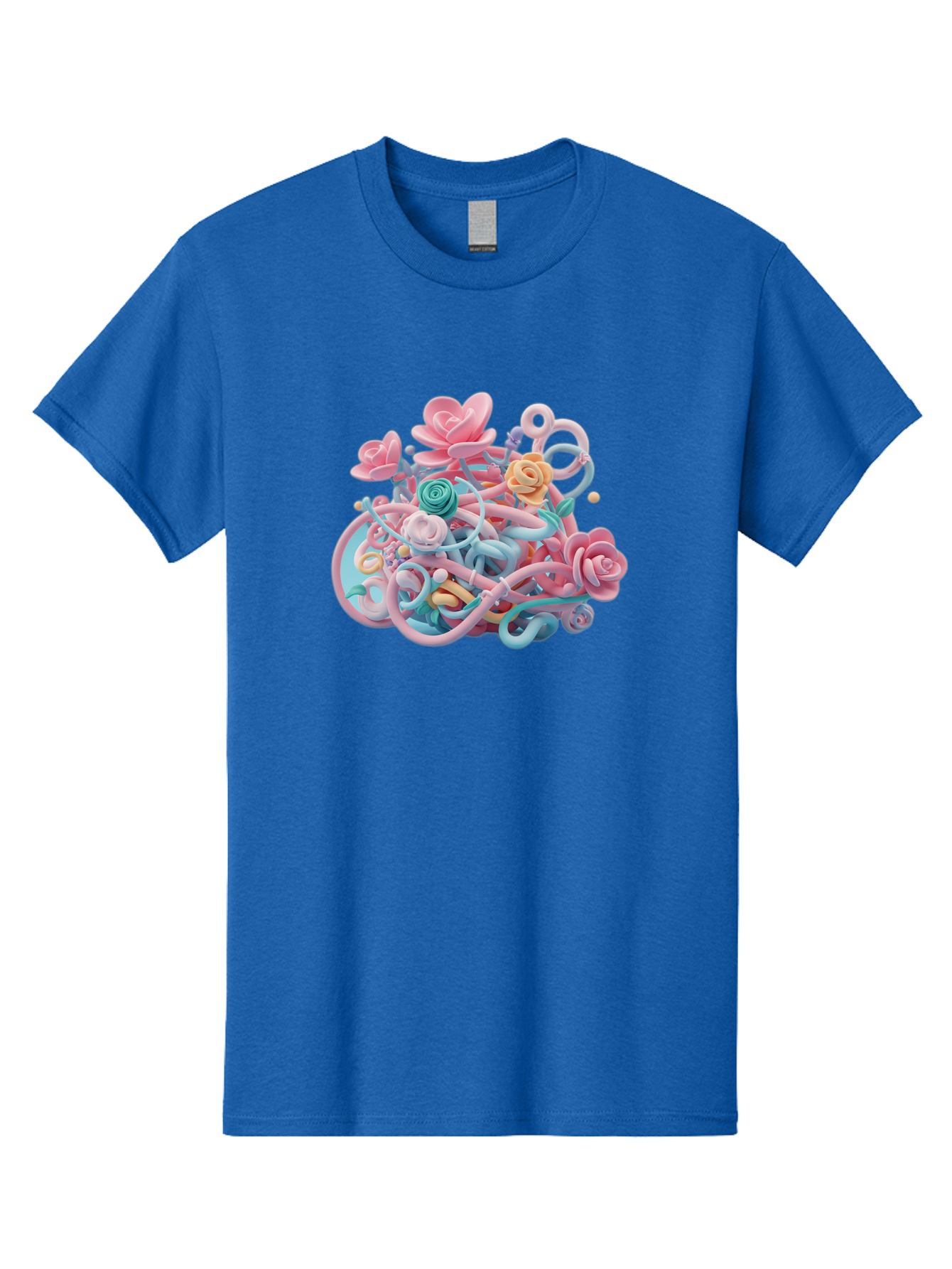 Tangled-Floral Men'S Graphic Tee, 100% Cotton, Comfortable Casual Summer Wear, Machine Washable, Pastel Flowers, Swirling Shapes, Floral Arrangement, Soft Colors, Whimsical Design, 3D Rendering, Abstract Floral, Colorful Blooms, Bab507
