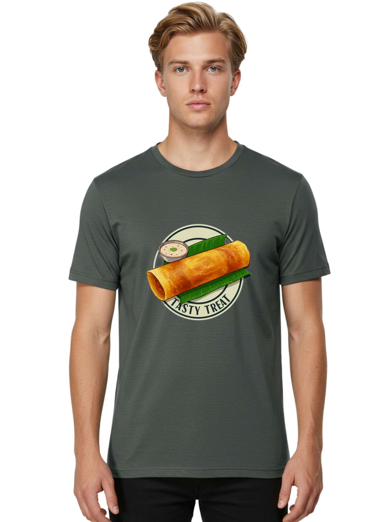 Tasty-Treat-1 Men'S Graphic Tee, 100% Cotton, Comfortable Casual Summer Wear, Machine Washable, South Indian Cuisine, Dosa, Crepe, Chutney, Traditional Indian Food, Tasty Dosa, Indian Crepe, Fermented Rice And Lentil Batter, Crispy Dosa, Bab508