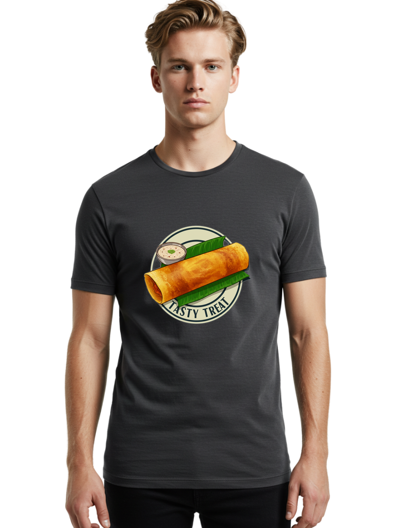 Tasty-Treat-1 Men'S Graphic Tee, 100% Cotton, Comfortable Casual Summer Wear, Machine Washable, South Indian Cuisine, Dosa, Crepe, Chutney, Traditional Indian Food, Tasty Dosa, Indian Crepe, Fermented Rice And Lentil Batter, Crispy Dosa, Bab508