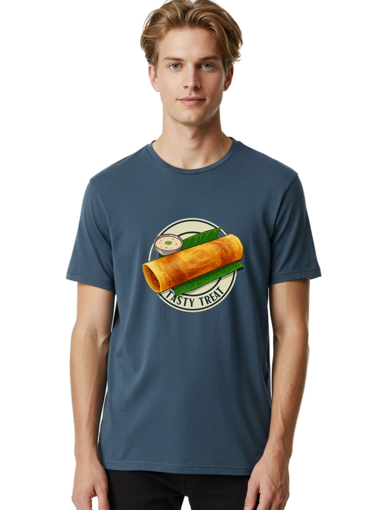 Tasty-Treat-1 Men'S Graphic Tee, 100% Cotton, Comfortable Casual Summer Wear, Machine Washable, South Indian Cuisine, Dosa, Crepe, Chutney, Traditional Indian Food, Tasty Dosa, Indian Crepe, Fermented Rice And Lentil Batter, Crispy Dosa, Bab508