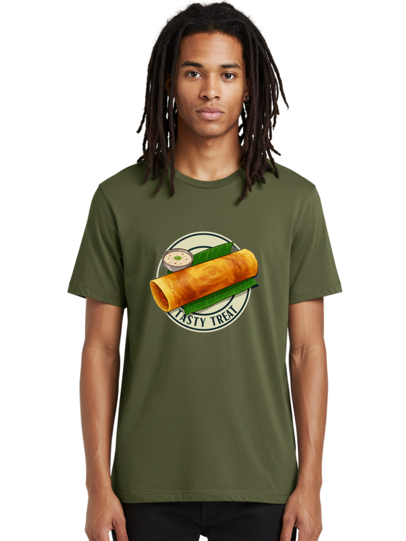 Tasty-Treat-1 Men'S Graphic Tee, 100% Cotton, Comfortable Casual Summer Wear, Machine Washable, South Indian Cuisine, Dosa, Crepe, Chutney, Traditional Indian Food, Tasty Dosa, Indian Crepe, Fermented Rice And Lentil Batter, Crispy Dosa, Bab508