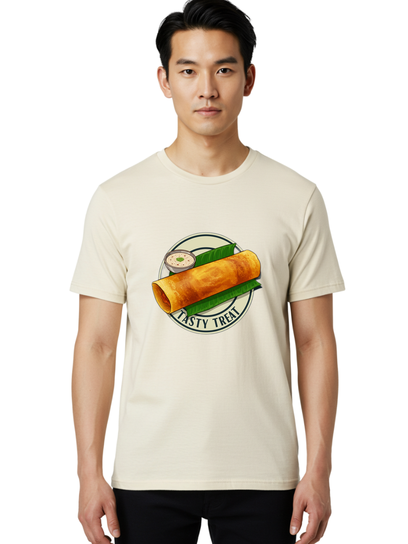 Tasty-Treat-1 Men'S Graphic Tee, 100% Cotton, Comfortable Casual Summer Wear, Machine Washable, South Indian Cuisine, Dosa, Crepe, Chutney, Traditional Indian Food, Tasty Dosa, Indian Crepe, Fermented Rice And Lentil Batter, Crispy Dosa, Bab508