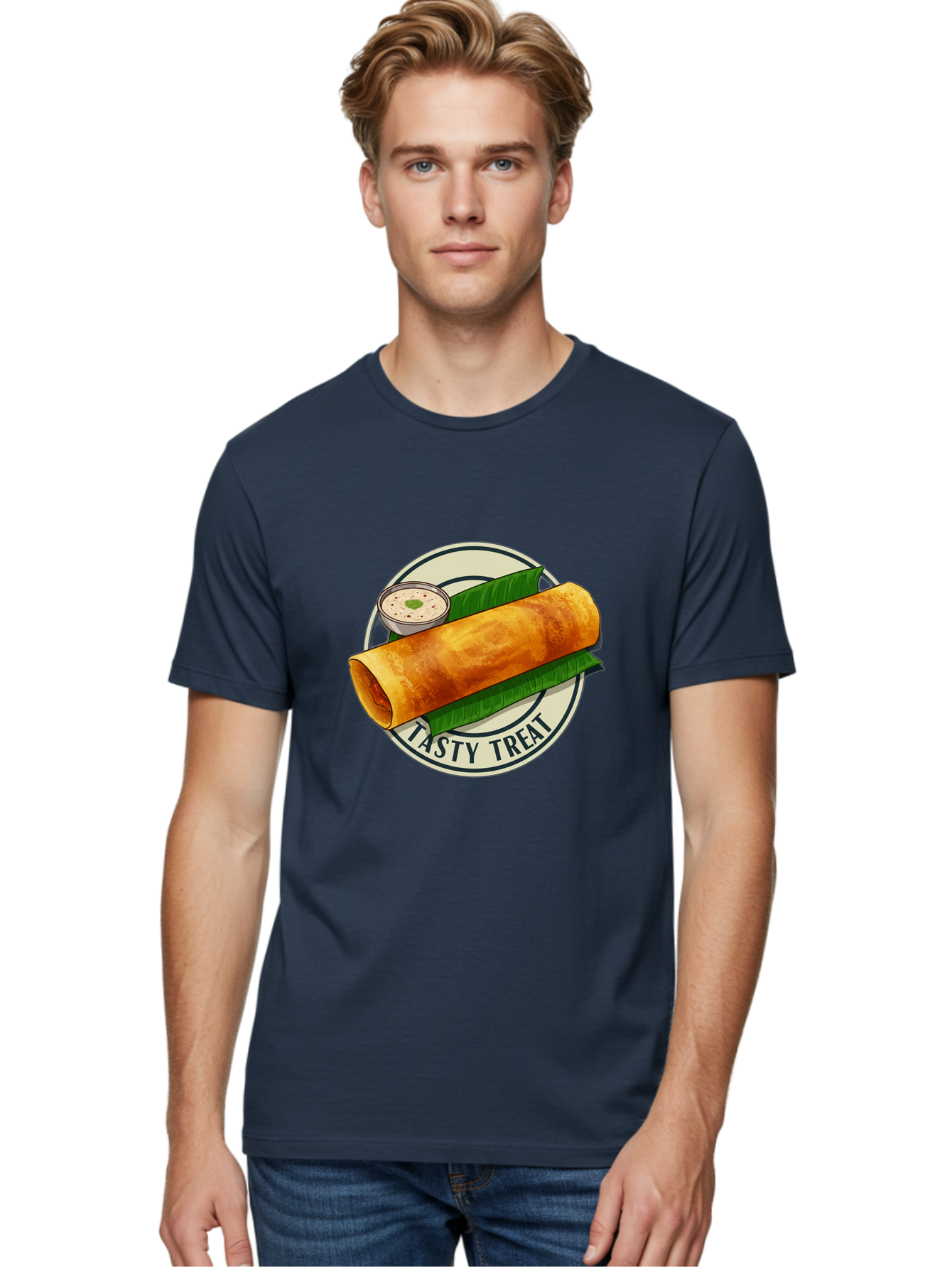 Tasty-Treat-1 Men'S Graphic Tee, 100% Cotton, Comfortable Casual Summer Wear, Machine Washable, South Indian Cuisine, Dosa, Crepe, Chutney, Traditional Indian Food, Tasty Dosa, Indian Crepe, Fermented Rice And Lentil Batter, Crispy Dosa, Bab508