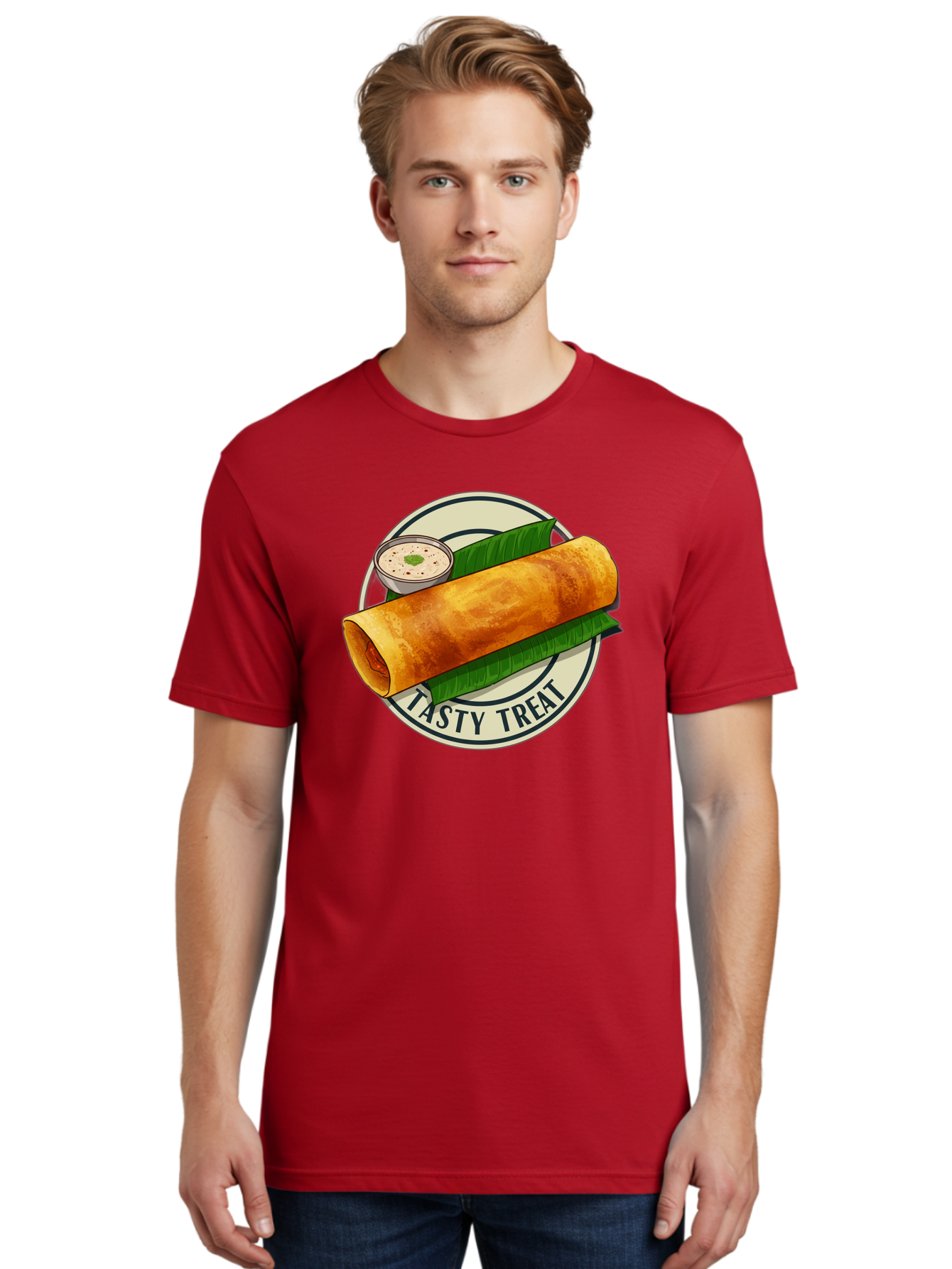 Tasty-Treat-1 Men'S Graphic Tee, 100% Cotton, Comfortable Casual Summer Wear, Machine Washable, South Indian Cuisine, Dosa, Crepe, Chutney, Traditional Indian Food, Tasty Dosa, Indian Crepe, Fermented Rice And Lentil Batter, Crispy Dosa, Bab508