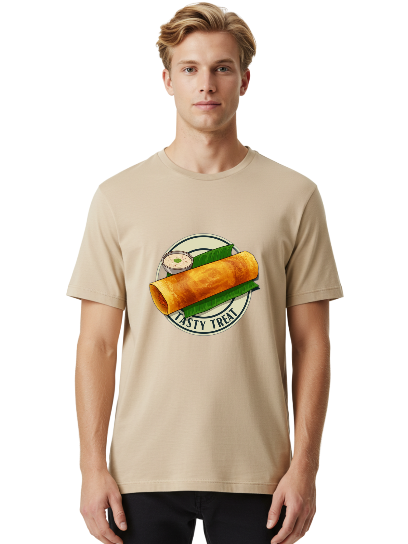 Tasty-Treat-1 Men'S Graphic Tee, 100% Cotton, Comfortable Casual Summer Wear, Machine Washable, South Indian Cuisine, Dosa, Crepe, Chutney, Traditional Indian Food, Tasty Dosa, Indian Crepe, Fermented Rice And Lentil Batter, Crispy Dosa, Bab508
