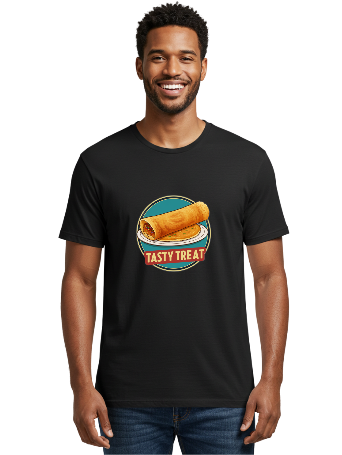 Tasty-Treat-11 Men'S Graphic Tee, 100% Cotton, Comfortable Casual Summer Wear, Machine Washable, Rolled Dosa, Savory Crepe, Indian Cuisine, South Asian Food, Tasty Treat, Dosa On A Plate, Delicious Meal, Spicy Filling Bab510