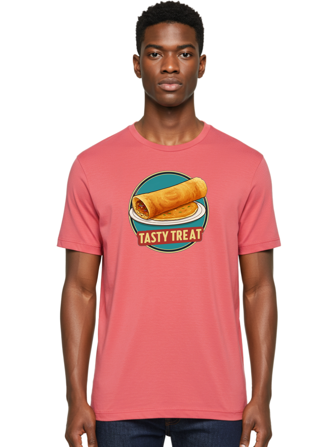 Tasty-Treat-11 Men'S Graphic Tee, 100% Cotton, Comfortable Casual Summer Wear, Machine Washable, Rolled Dosa, Savory Crepe, Indian Cuisine, South Asian Food, Tasty Treat, Dosa On A Plate, Delicious Meal, Spicy Filling Bab510