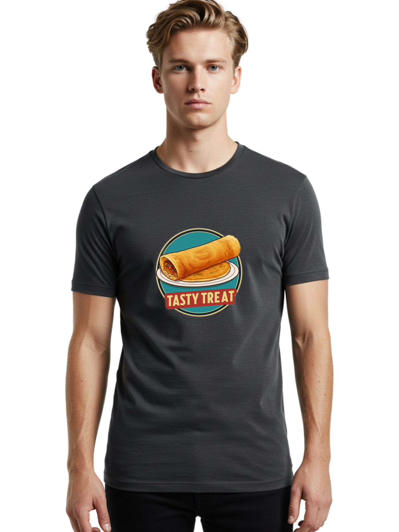 Tasty-Treat-11 Men'S Graphic Tee, 100% Cotton, Comfortable Casual Summer Wear, Machine Washable, Rolled Dosa, Savory Crepe, Indian Cuisine, South Asian Food, Tasty Treat, Dosa On A Plate, Delicious Meal, Spicy Filling Bab510
