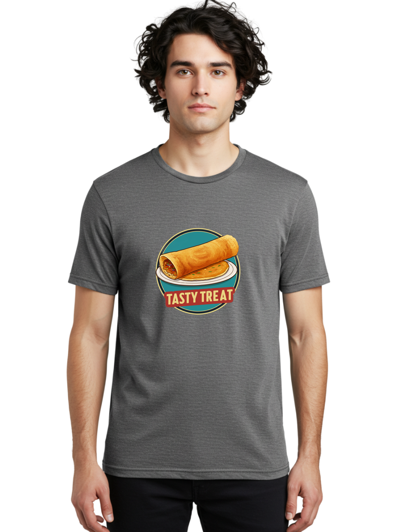 Tasty-Treat-11 Men'S Graphic Tee, 100% Cotton, Comfortable Casual Summer Wear, Machine Washable, Rolled Dosa, Savory Crepe, Indian Cuisine, South Asian Food, Tasty Treat, Dosa On A Plate, Delicious Meal, Spicy Filling Bab510