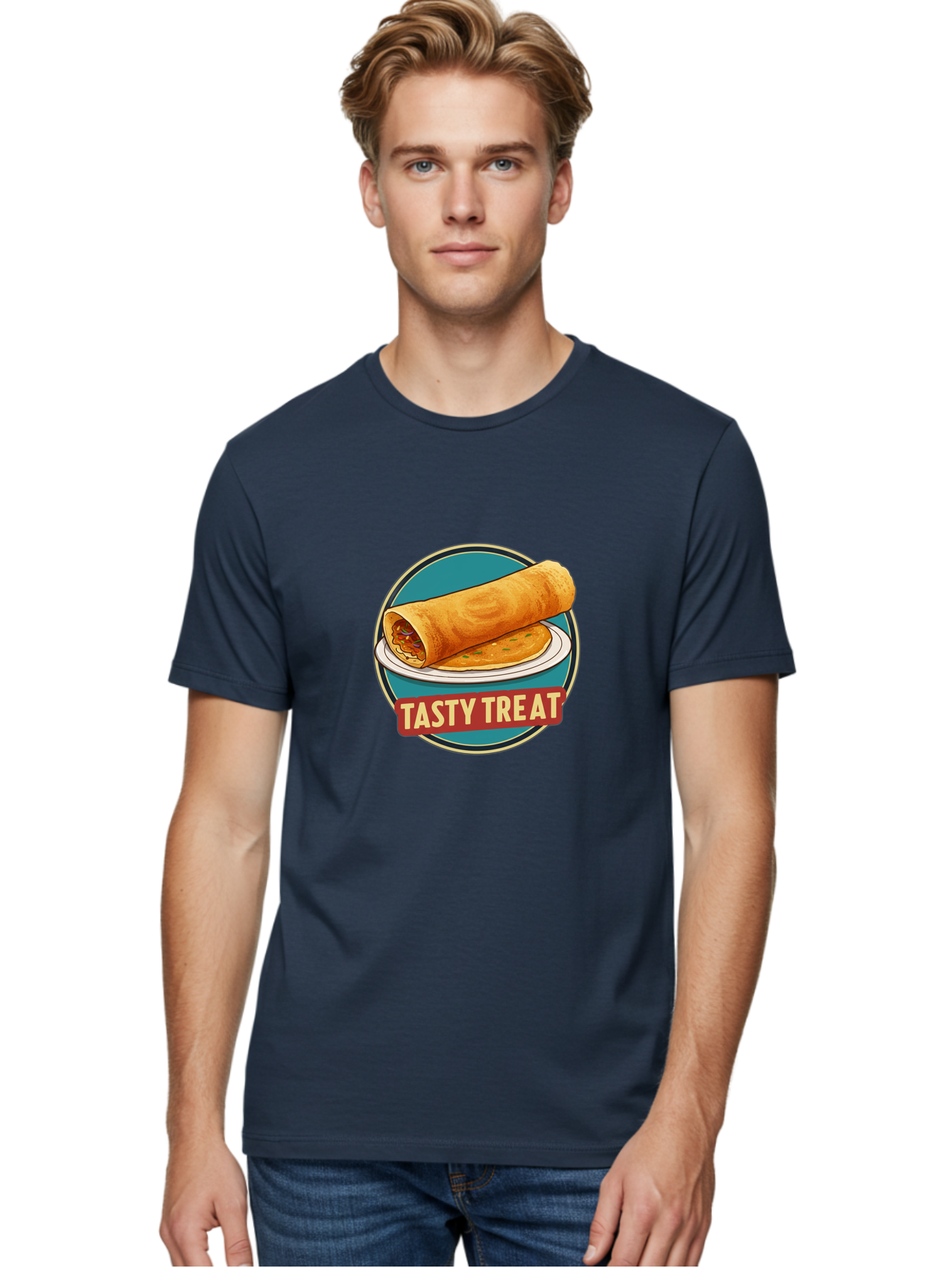 Tasty-Treat-11 Men'S Graphic Tee, 100% Cotton, Comfortable Casual Summer Wear, Machine Washable, Rolled Dosa, Savory Crepe, Indian Cuisine, South Asian Food, Tasty Treat, Dosa On A Plate, Delicious Meal, Spicy Filling Bab510
