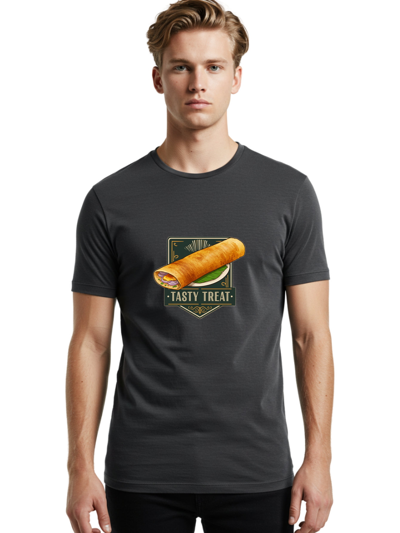 Tasty-Treat-2 Men'S Graphic Tee, 100% Cotton, Comfortable Casual Summer Wear, Machine Washable, Rolled Crepe With Filling, Tasty Treat, Crepe, Crepe Dish, Savory Crepe, Egg, Onion, Culinary Delights, Gourmet Food, Foodie, Crepe Cuisine Bab511