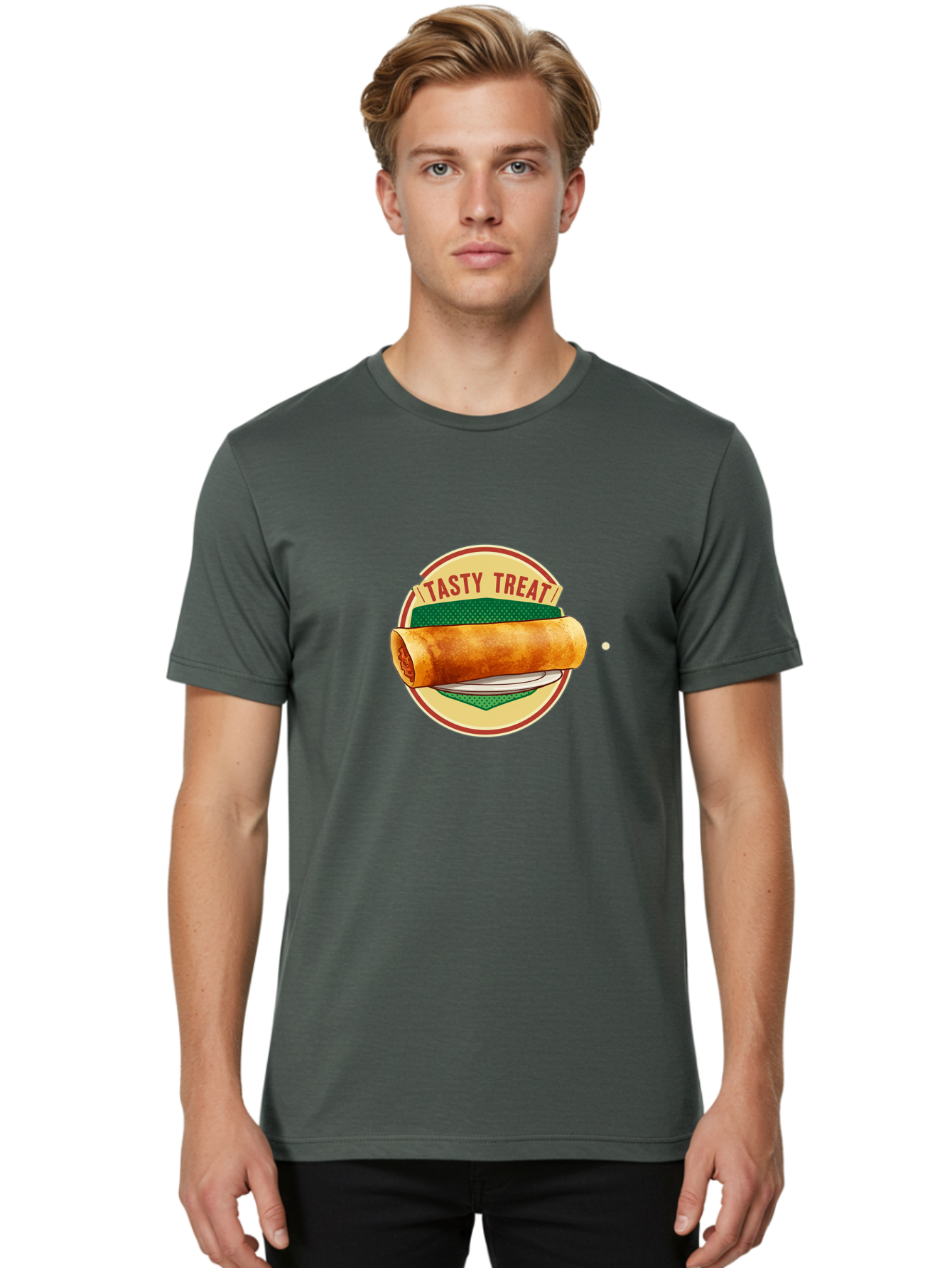 Tasty-Treat-3 Men'S Graphic Tee, 100% Cotton, Comfortable Casual Summer Wear, Machine Washable, Spring Roll On Plate, Tasty Treat, Savory Delight, Golden Brown, Crispy Texture, Delicious Snack, Finger Food, Appetizing Bab512